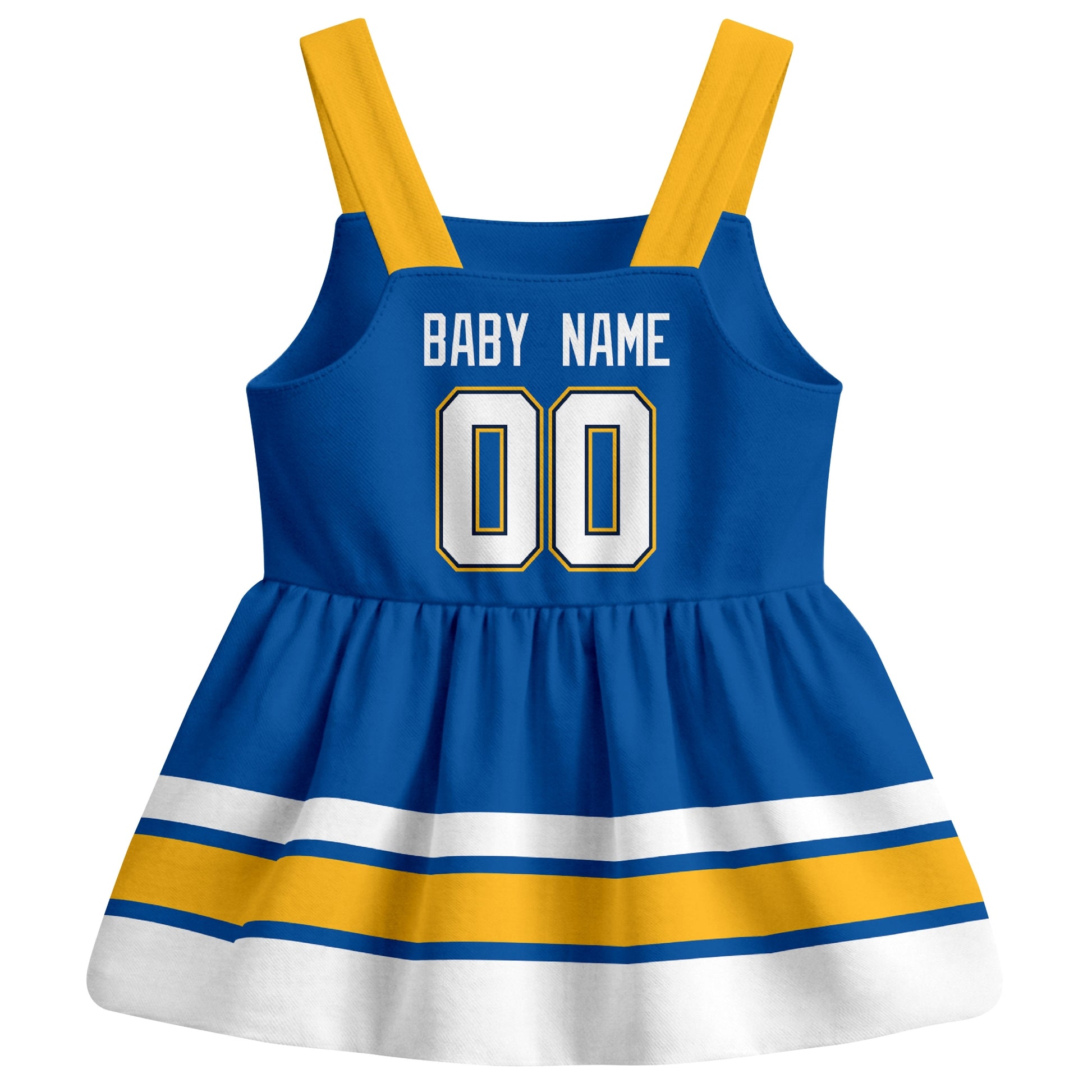 St. Louis hockey baby suspender dress Blue style back view with custom baby name and number