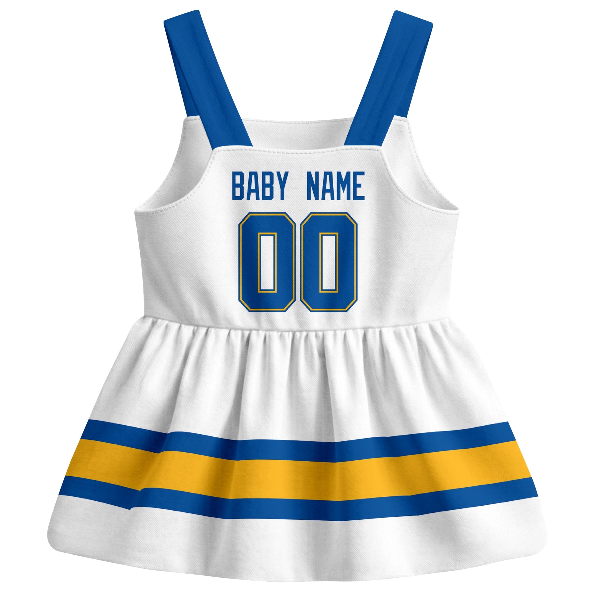St. Louis hockey baby suspender dress White style back view with custom baby name and number