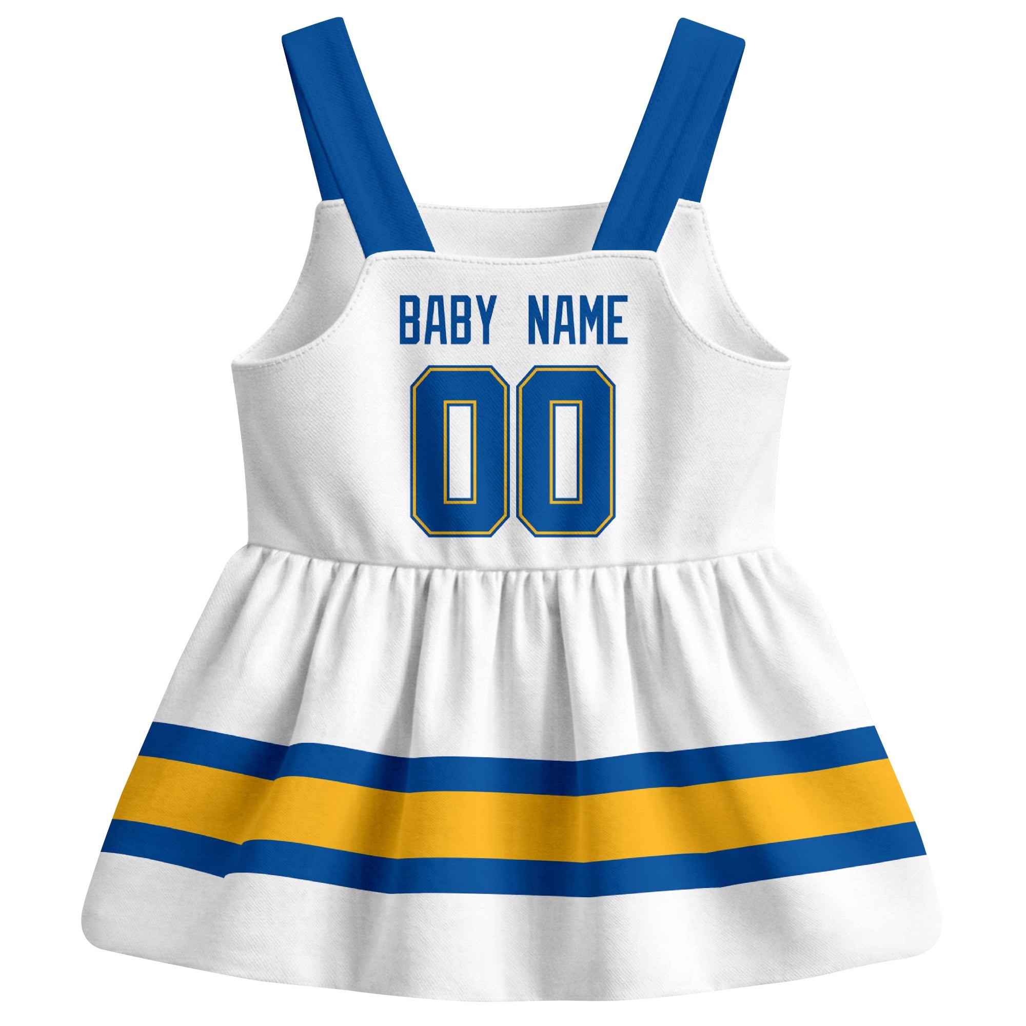 St. Louis hockey baby suspender dress White style back view with custom baby name and number