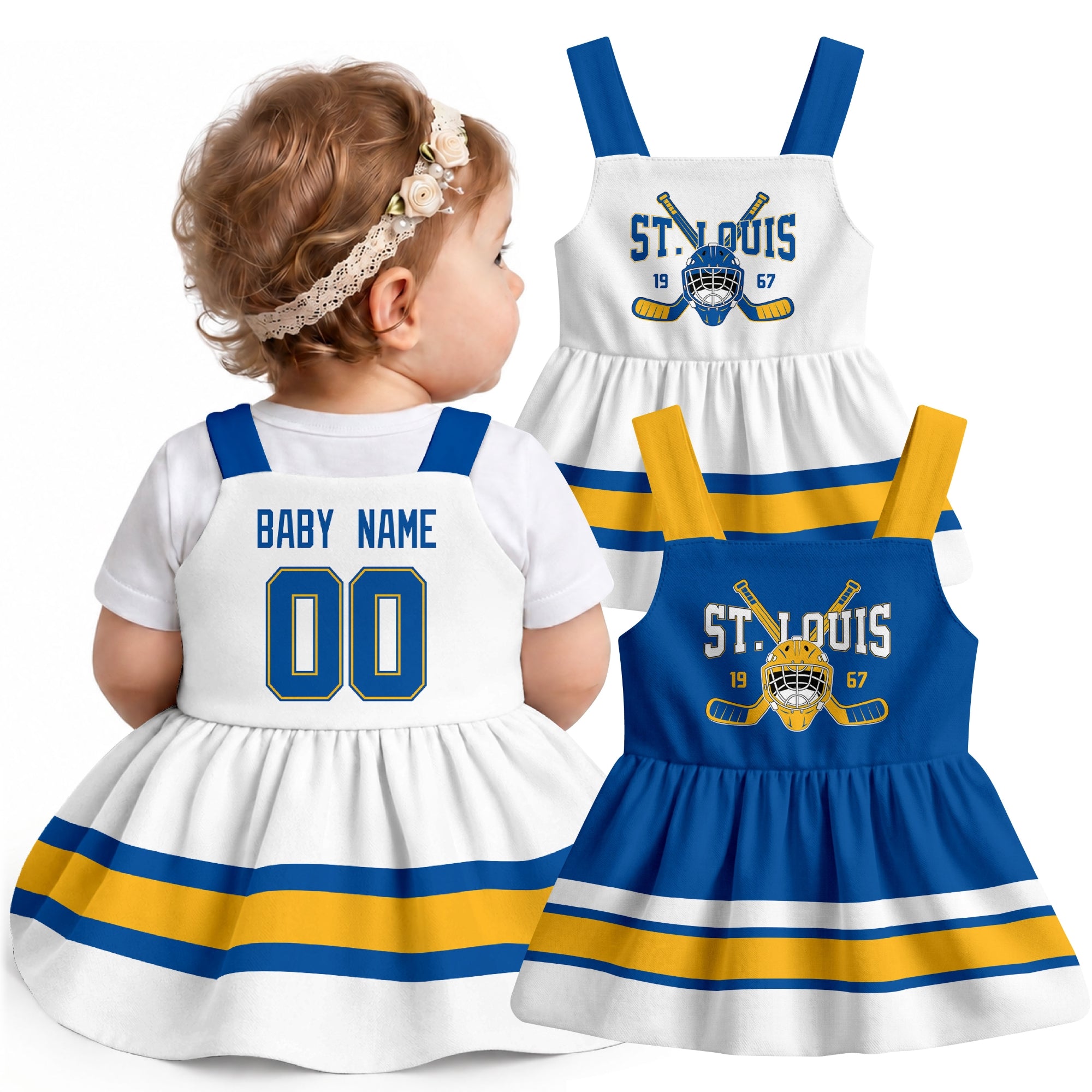 Personalized St. Louis hockey baby suspender dress shown on baby with Blue and White city-color styles