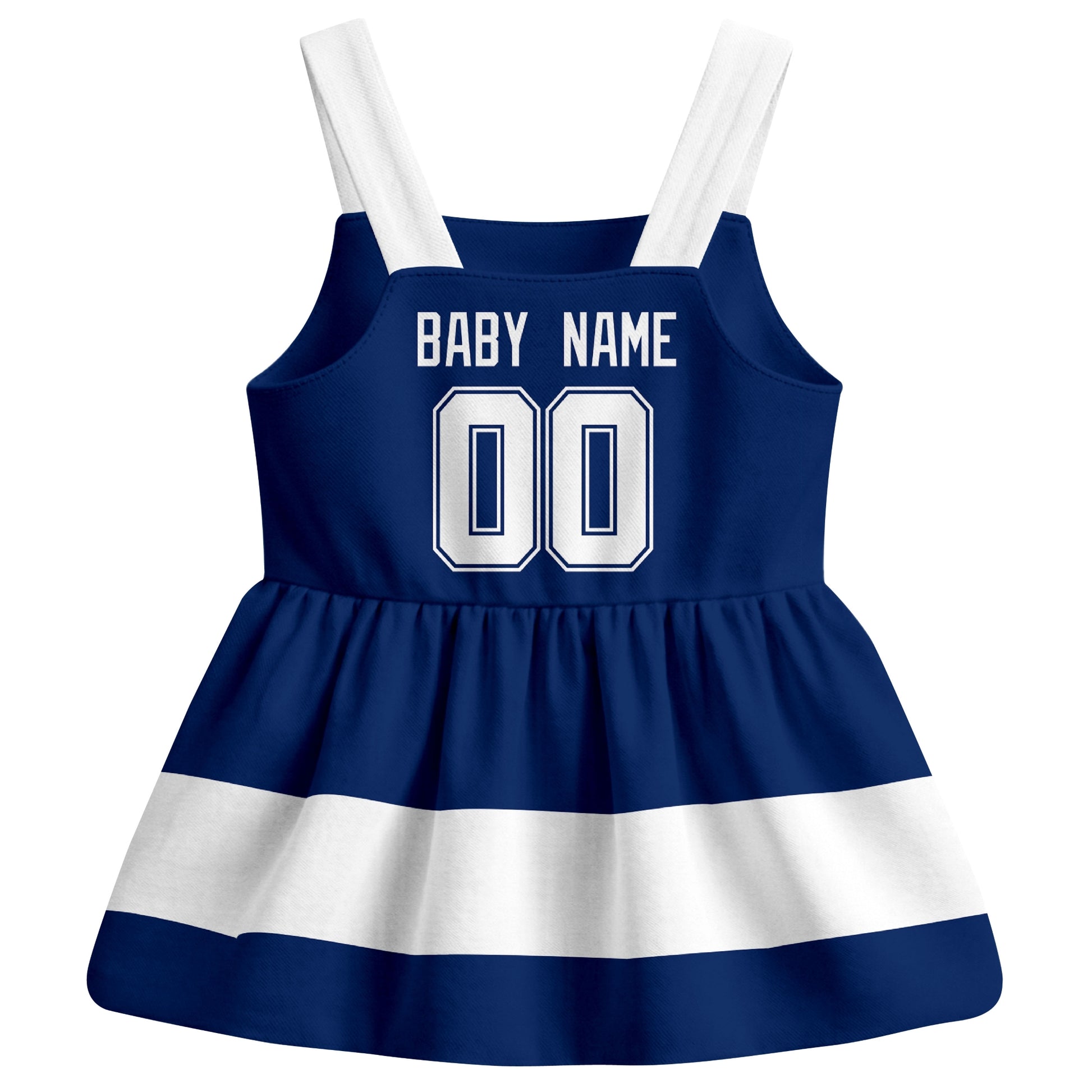 Tampa Bay hockey baby suspender dress Blue style back view with custom baby name and number