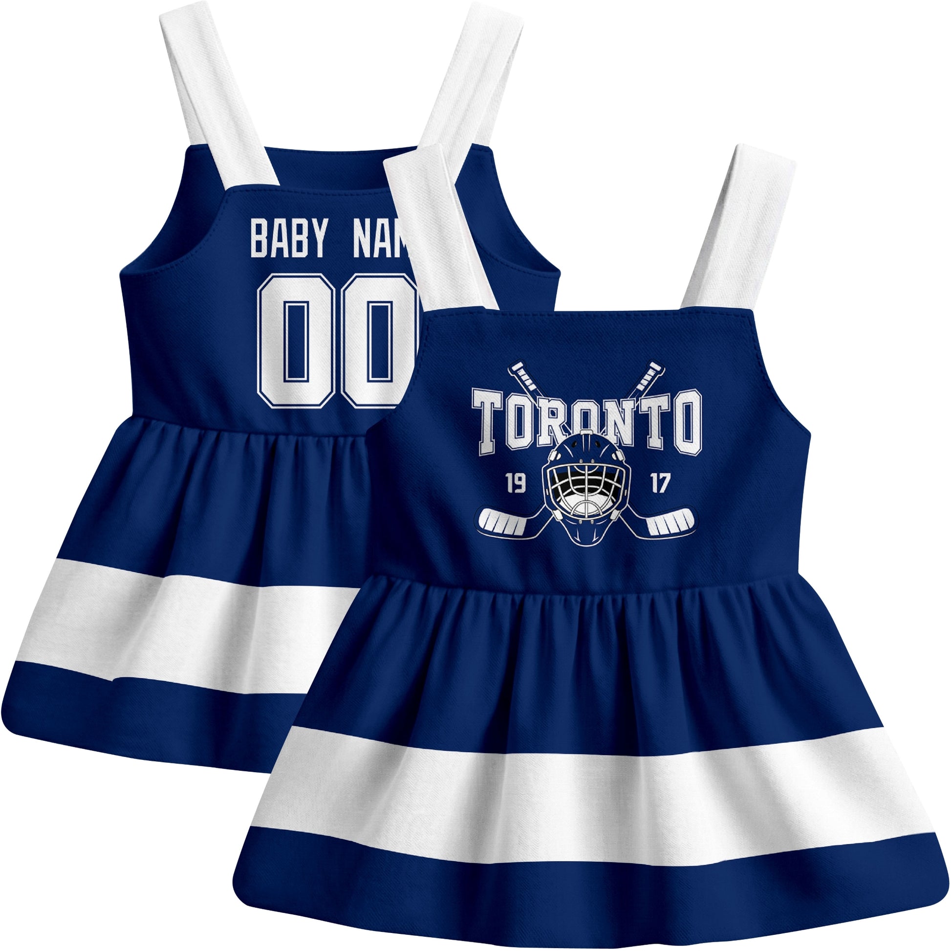 Toronto hockey baby suspender dress Blue style front and back view