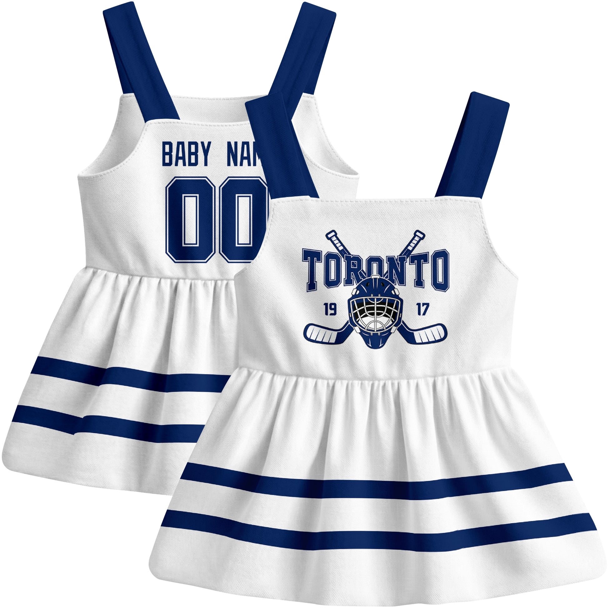 Toronto hockey baby suspender dress White style front and back view