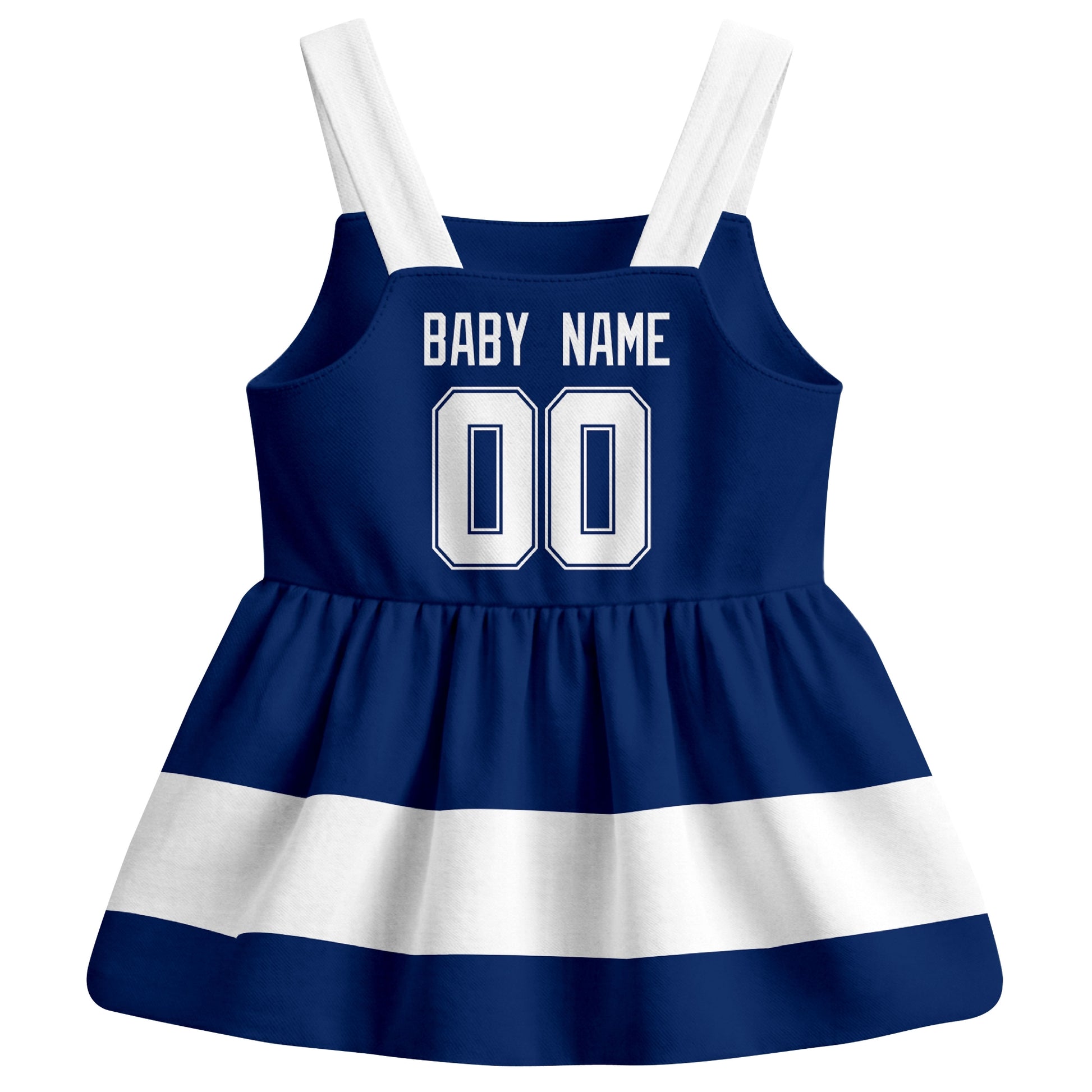 Toronto hockey baby suspender dress Blue style back view with custom baby name and number