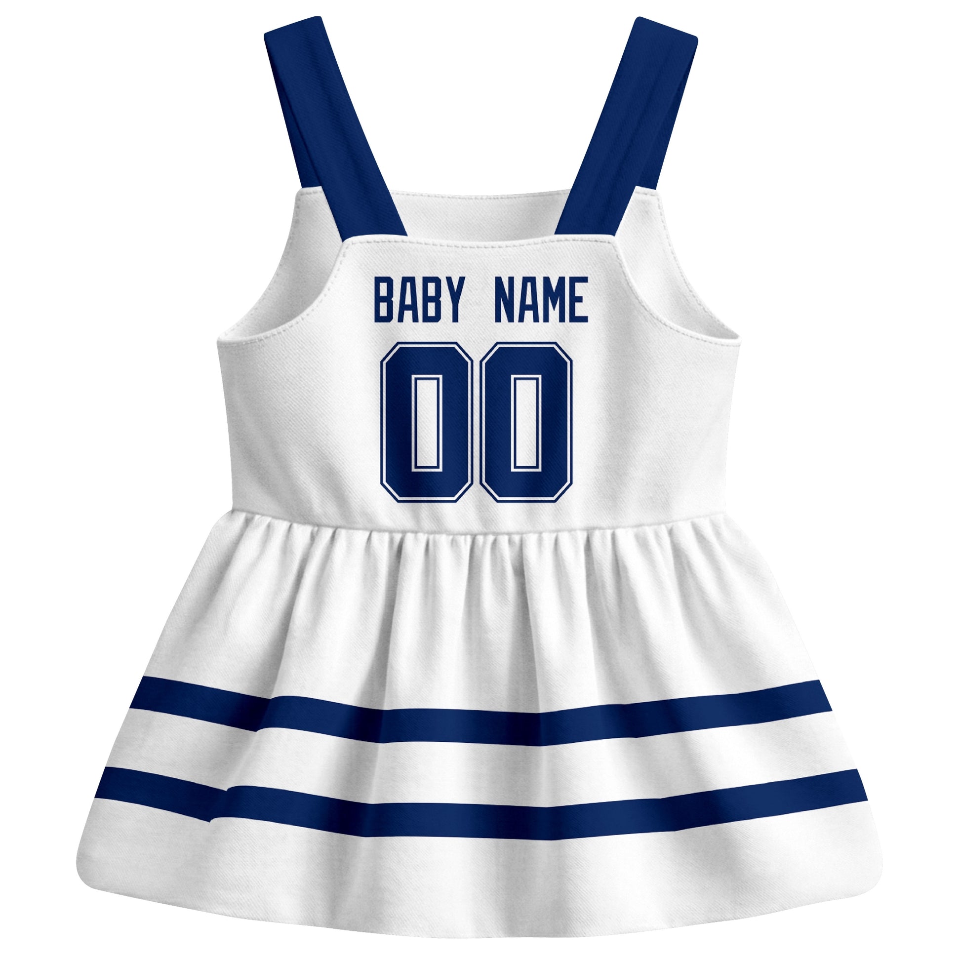 Toronto hockey baby suspender dress White style back view with custom baby name and number
