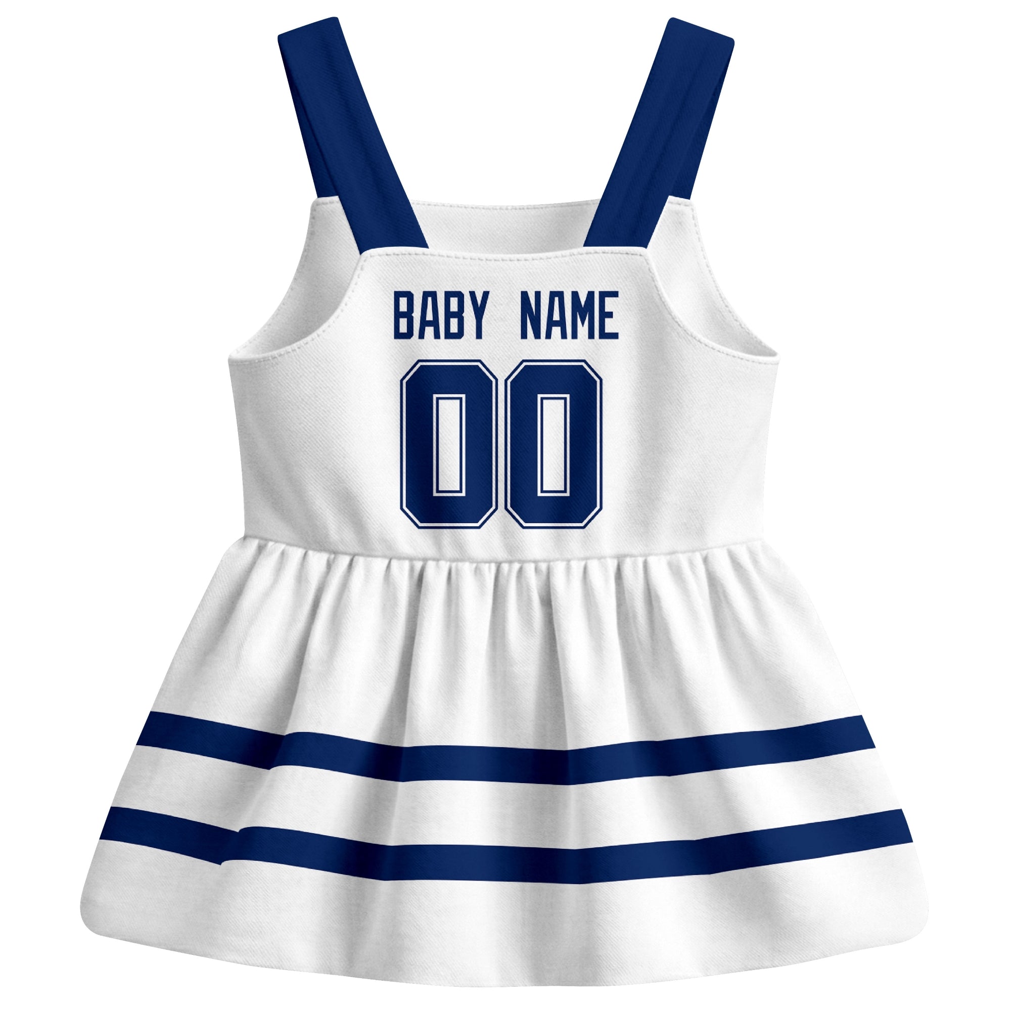 Toronto hockey baby suspender dress White style back view with custom baby name and number