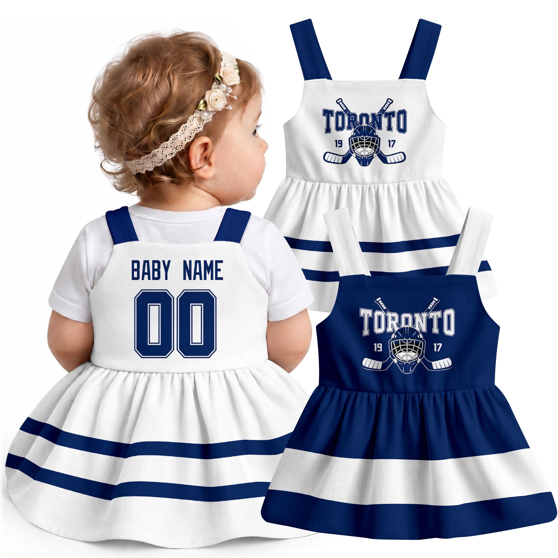 Personalized Toronto hockey baby suspender dress shown on baby with Blue and White city-color styles