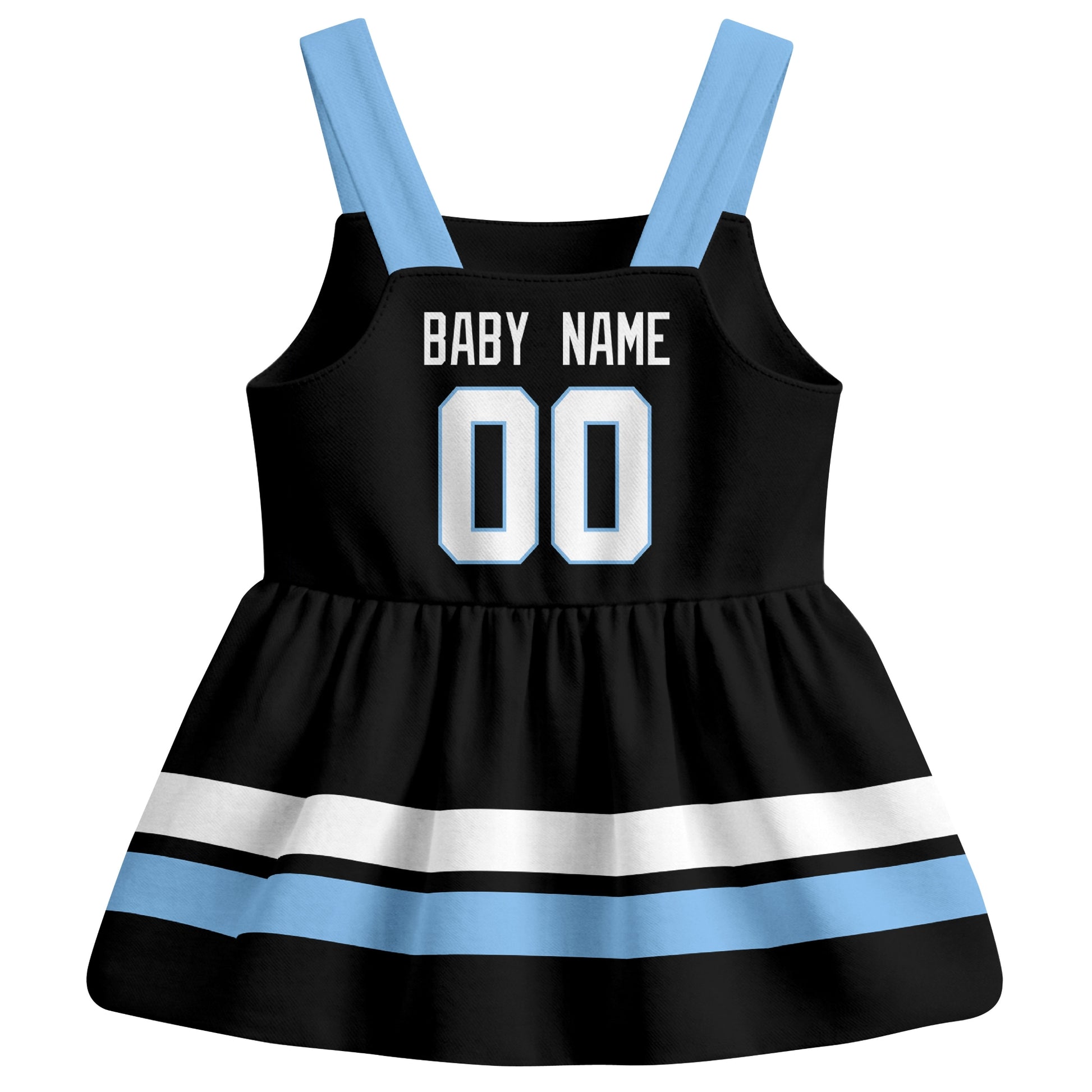 Utah hockey baby suspender dress Black style back view with custom baby name and number