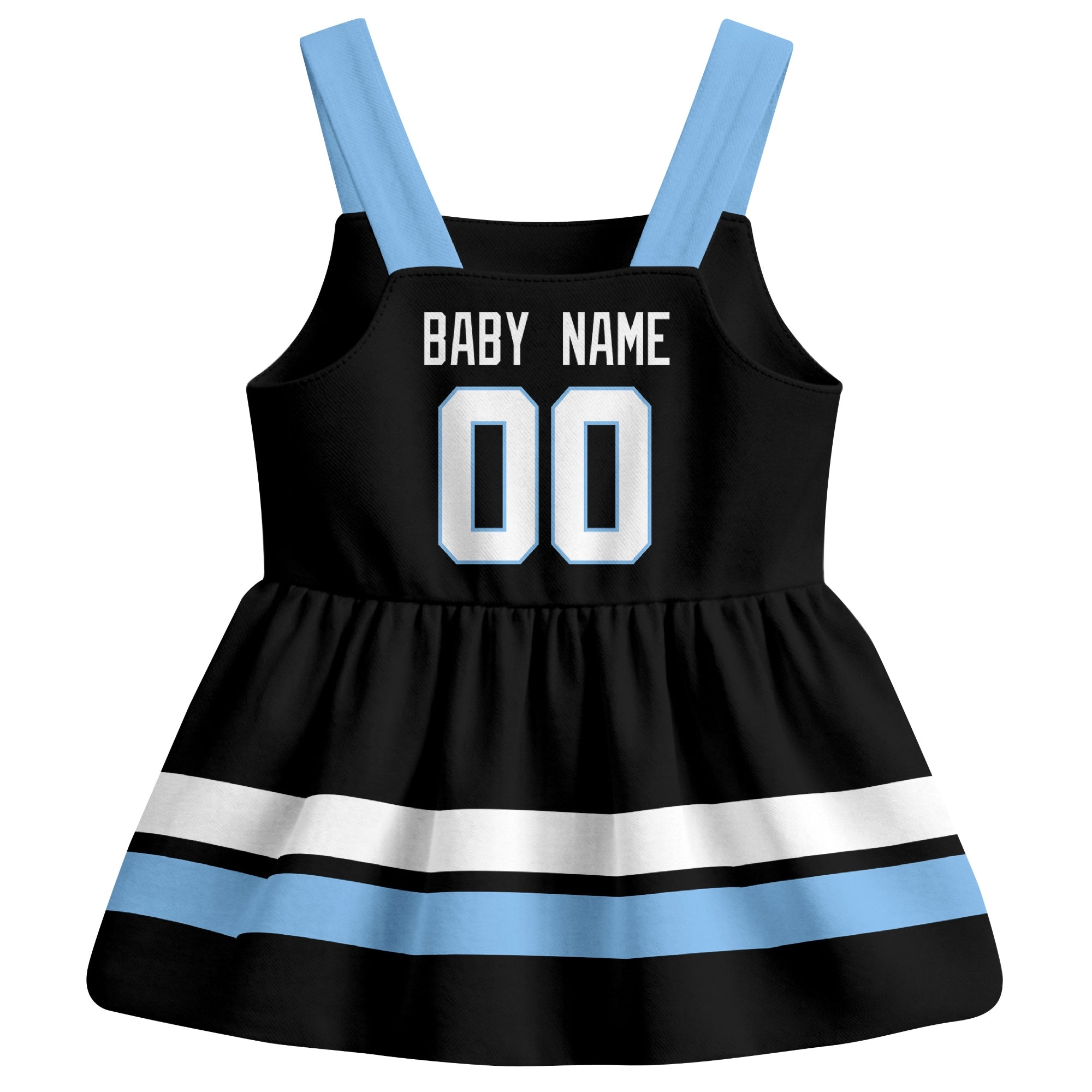 Utah hockey baby suspender dress Black style back view with custom baby name and number