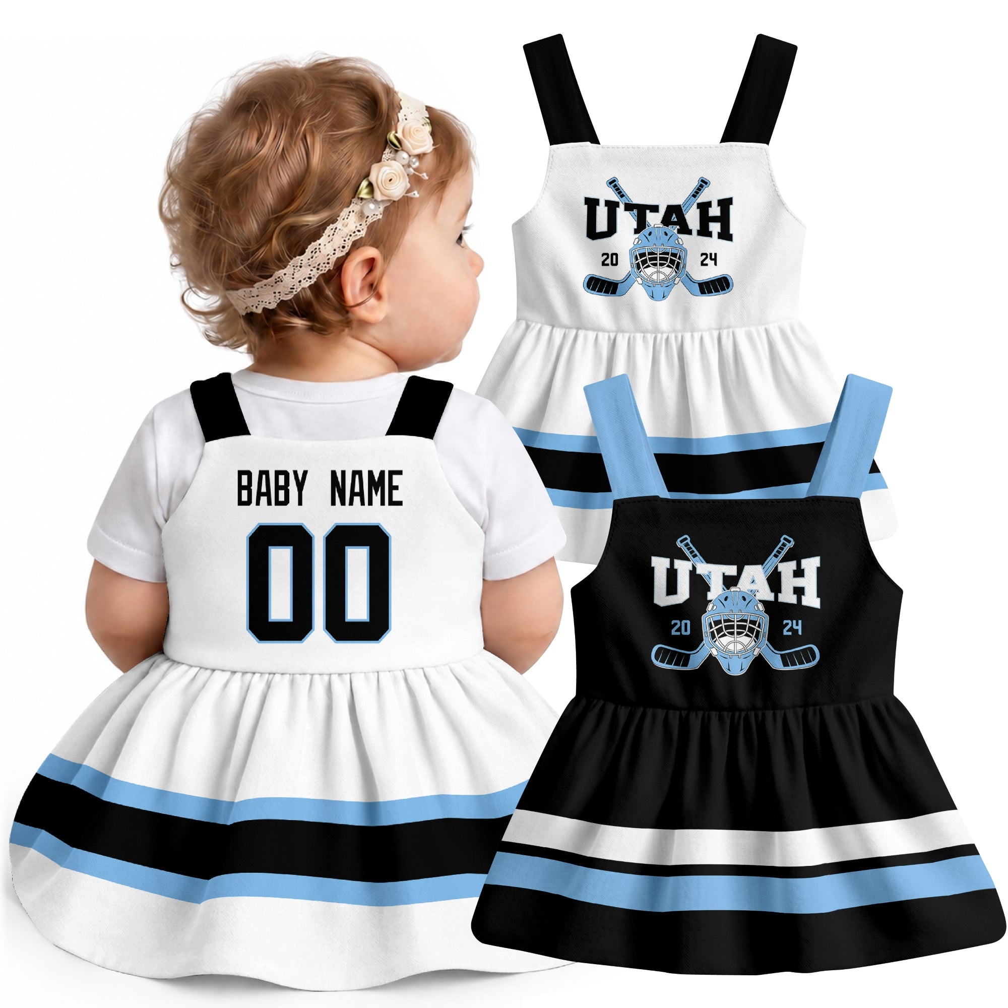 Personalized Utah hockey baby suspender dress shown on baby with Black and White city-color styles