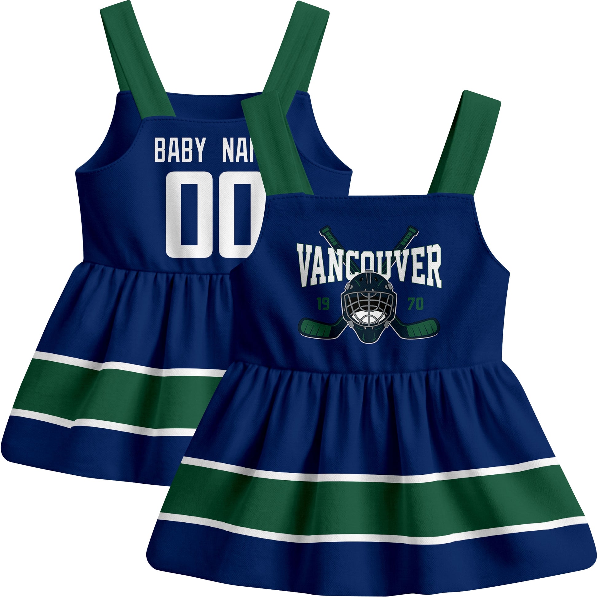 Vancouver hockey baby suspender dress Blue style front and back view