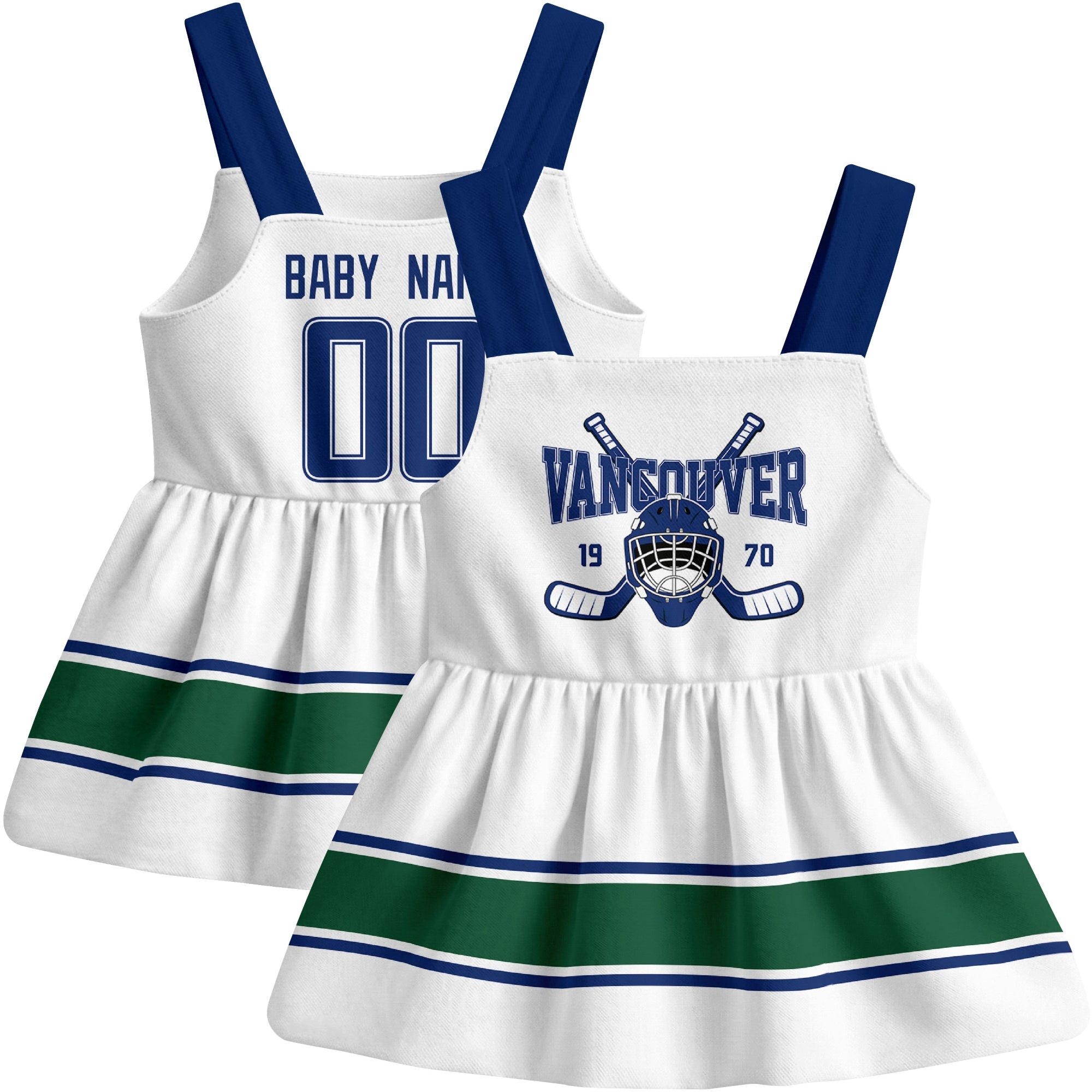 Vancouver hockey baby suspender dress White style front and back view