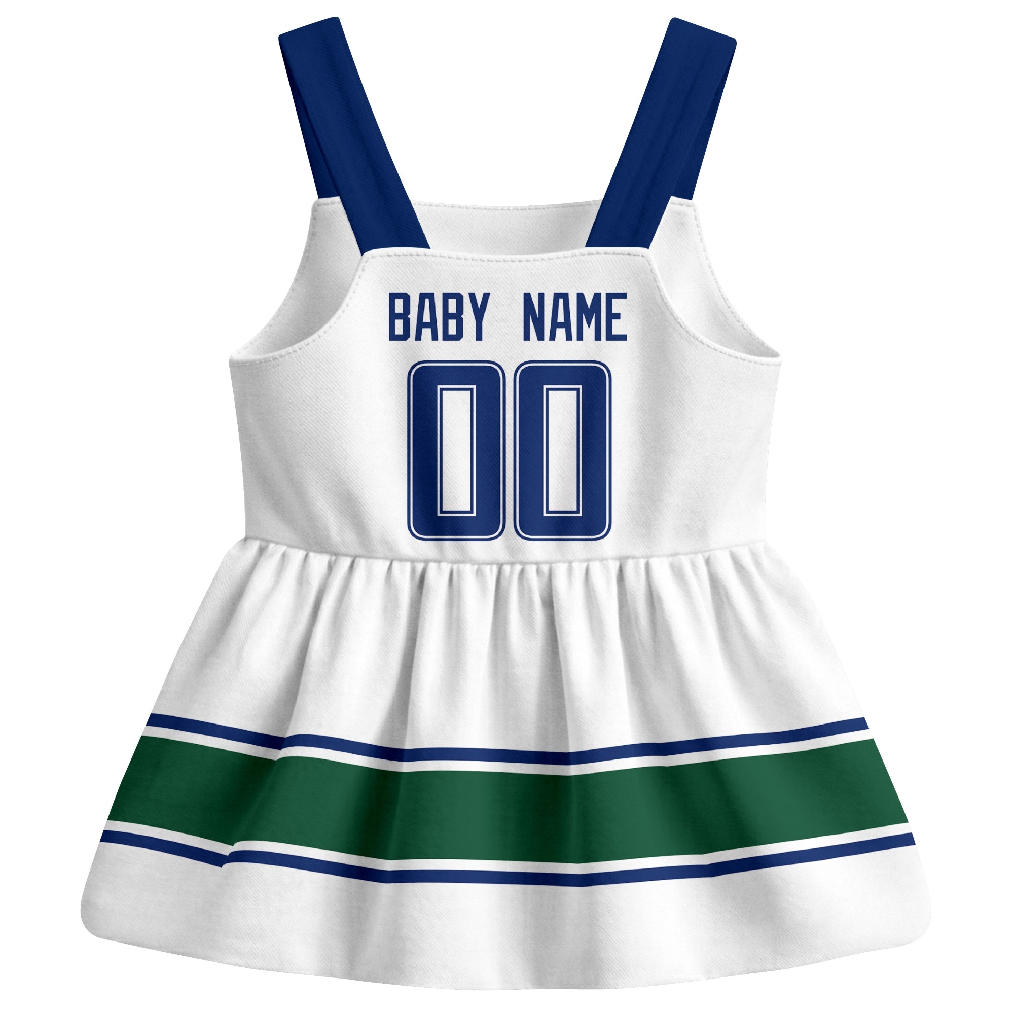 Vancouver hockey baby suspender dress White style back view with custom baby name and number