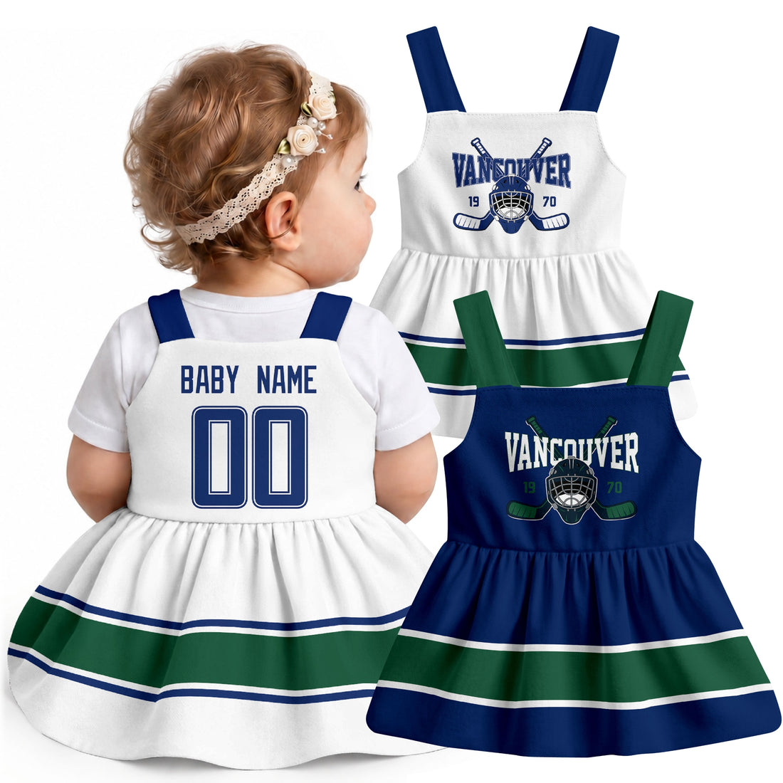 Personalized Vancouver hockey baby suspender dress shown on baby with Blue and White city-color styles