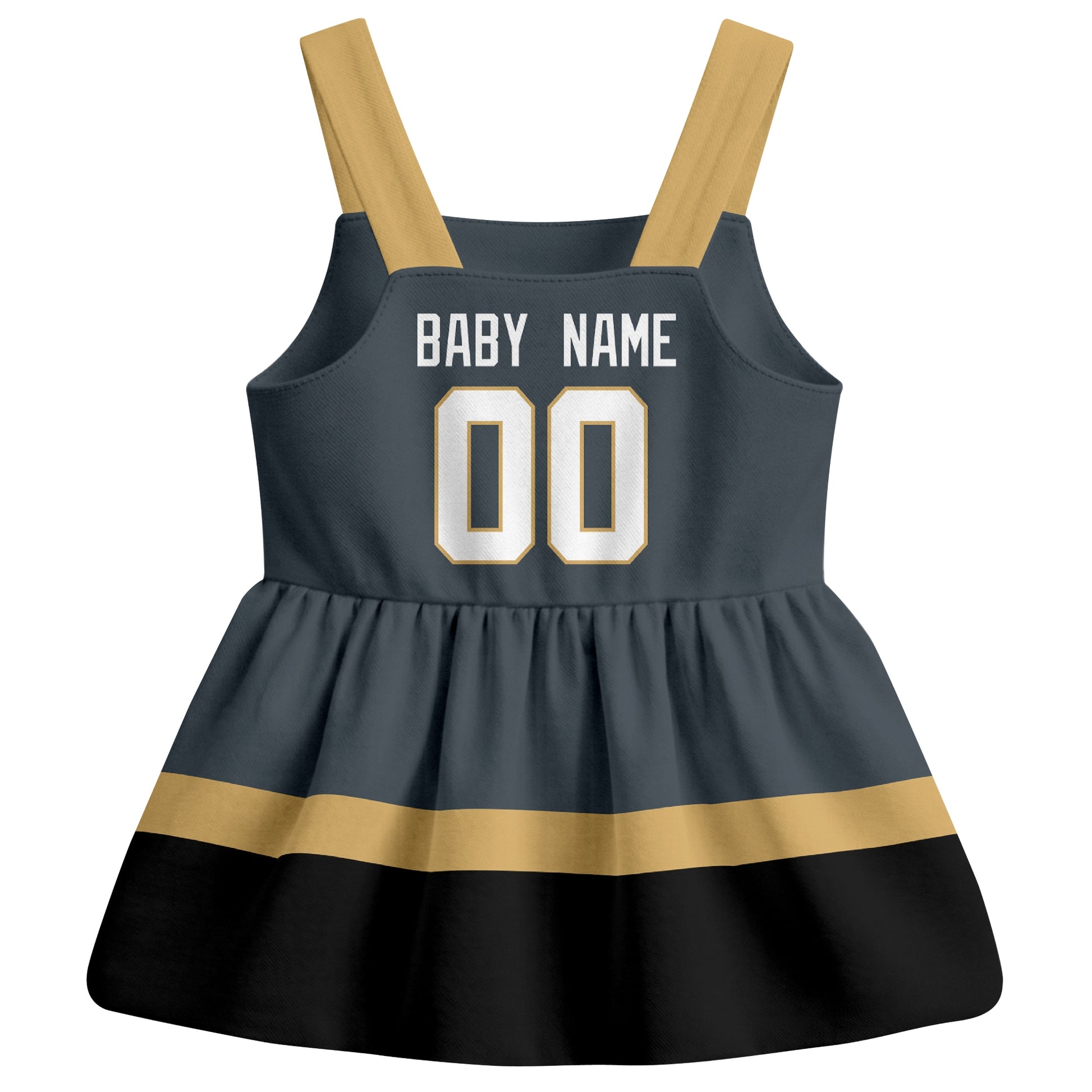 Vegas hockey baby suspender dress Gray style back view with custom baby name and number