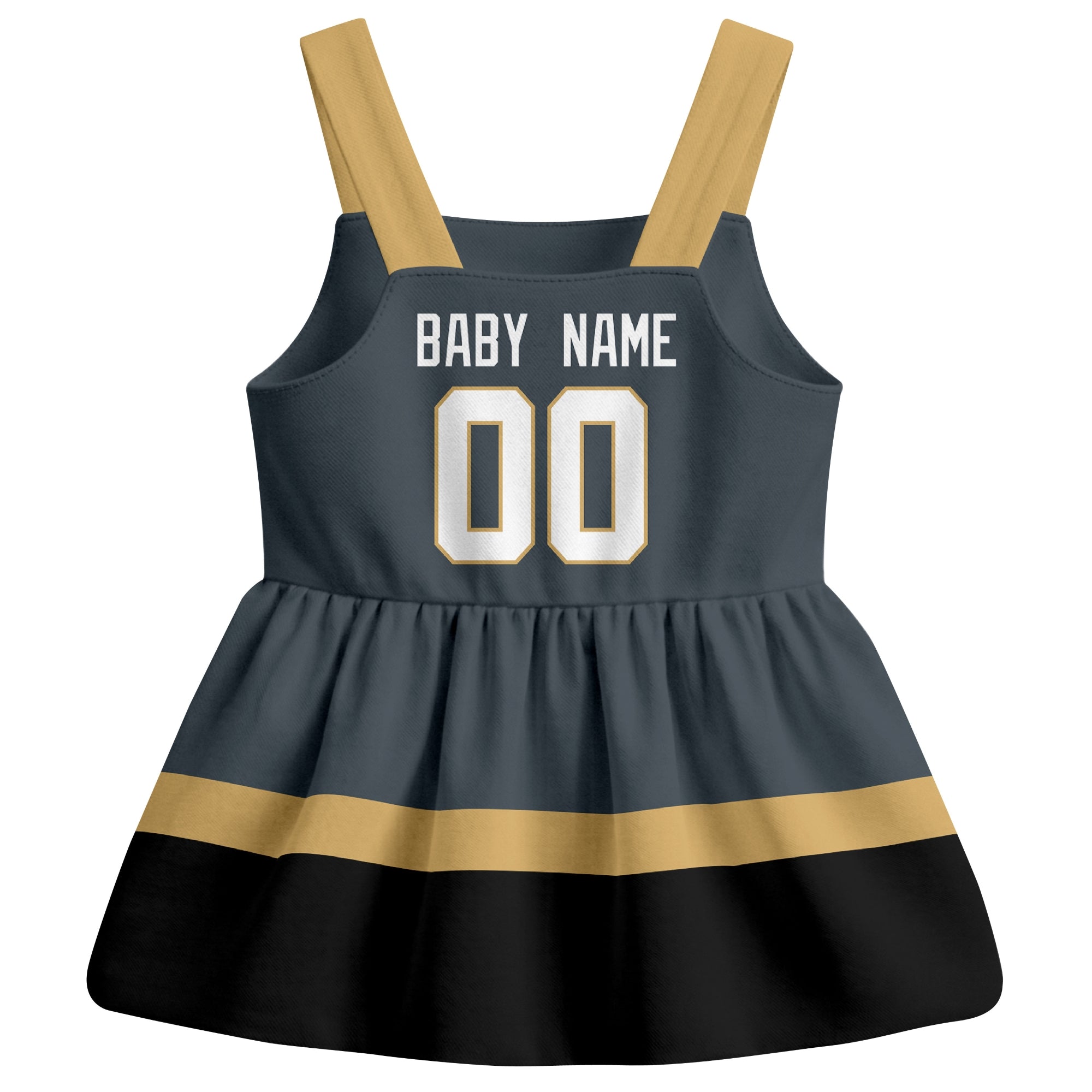 Vegas hockey baby suspender dress Gray style back view with custom baby name and number