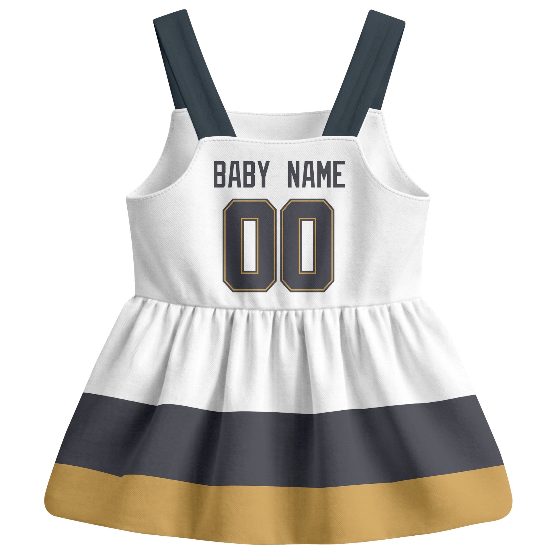 Vegas hockey baby suspender dress White style back view with custom baby name and number