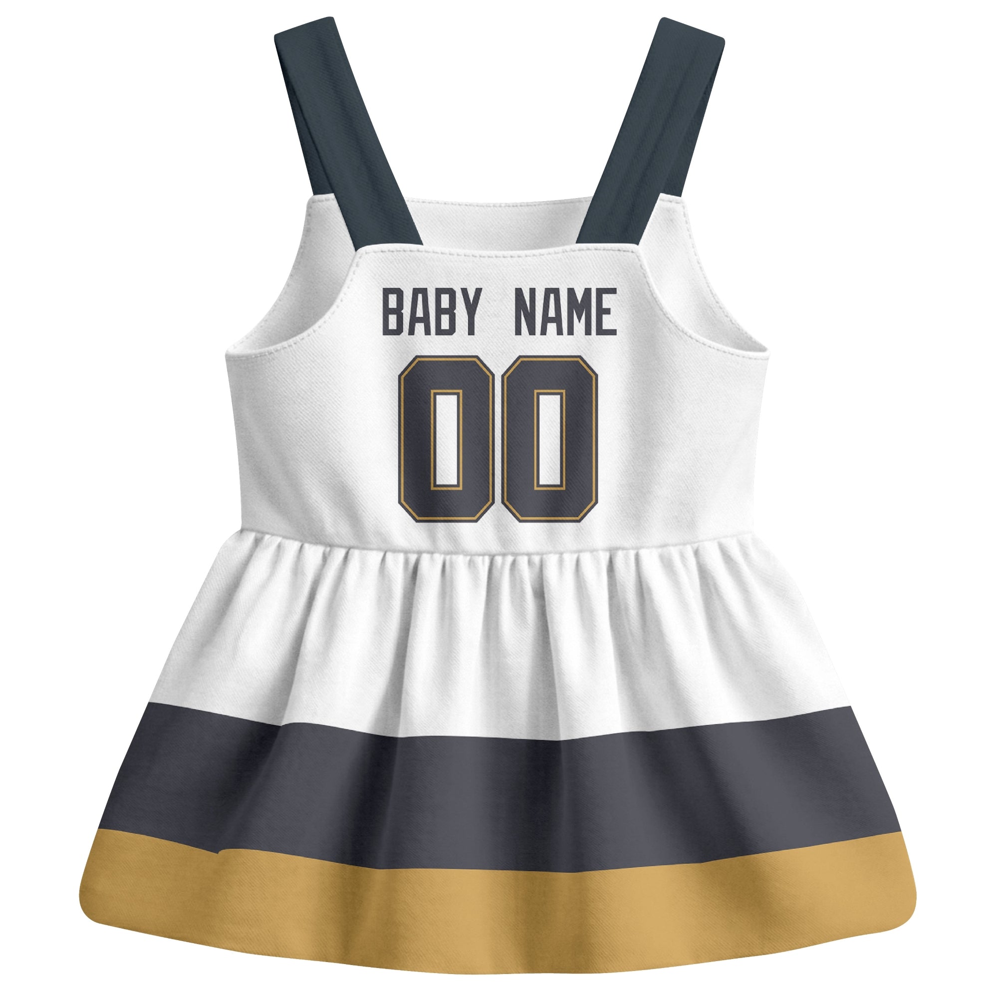 Vegas hockey baby suspender dress White style back view with custom baby name and number