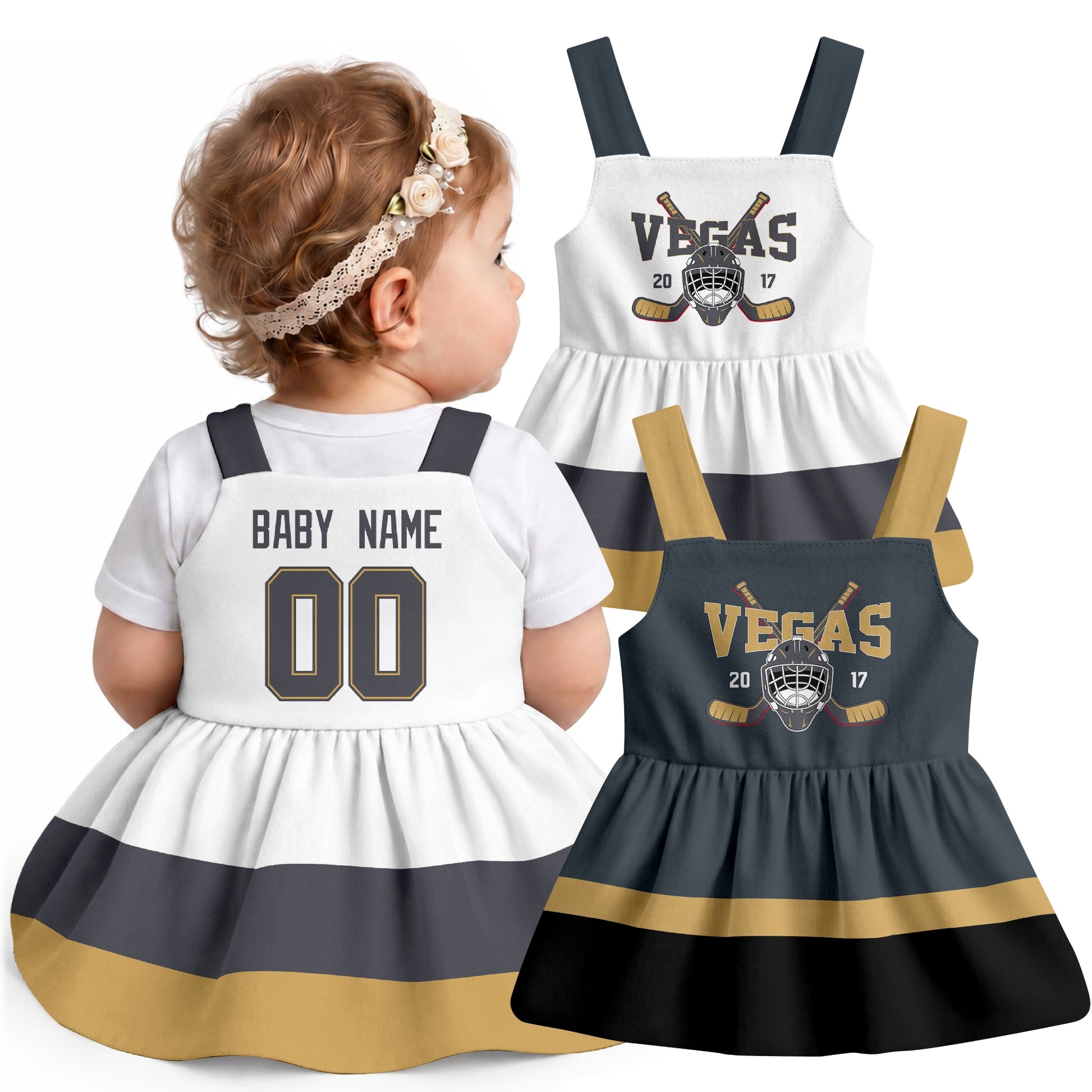 Personalized Vegas hockey baby suspender dress shown on baby with Gray and White city-color styles