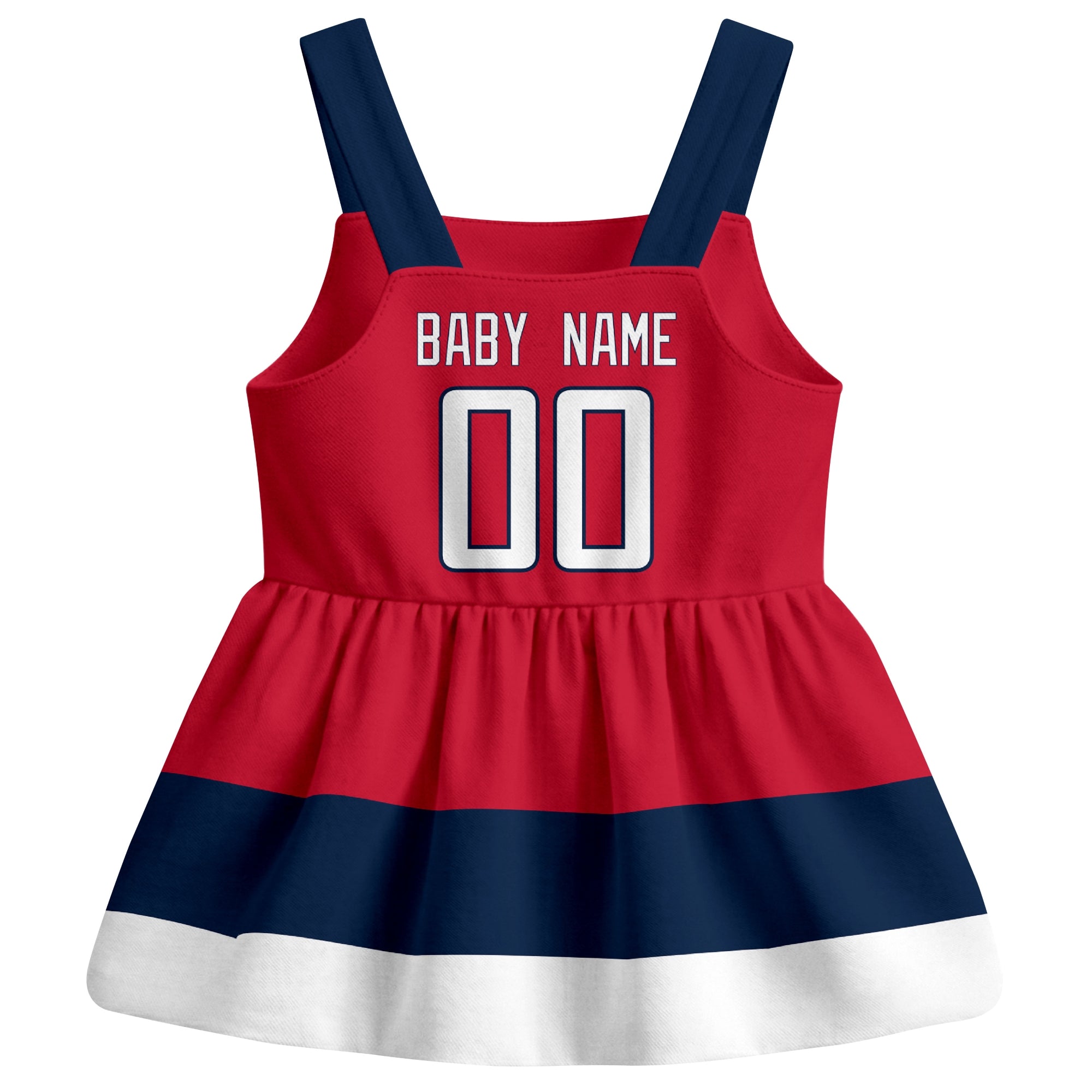 Washington hockey baby suspender dress Red style back view with custom baby name and number