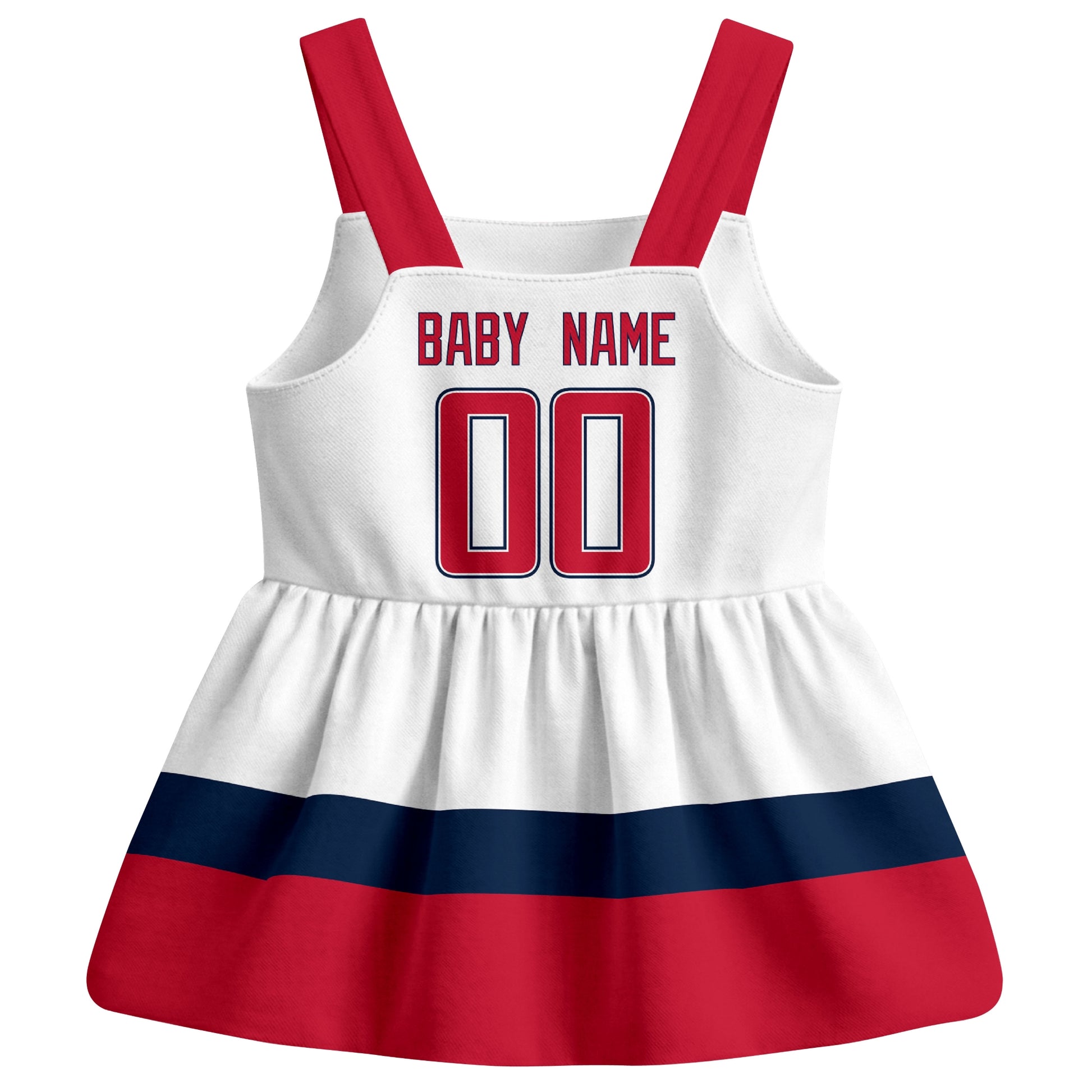 Washington hockey baby suspender dress White style back view with custom baby name and number