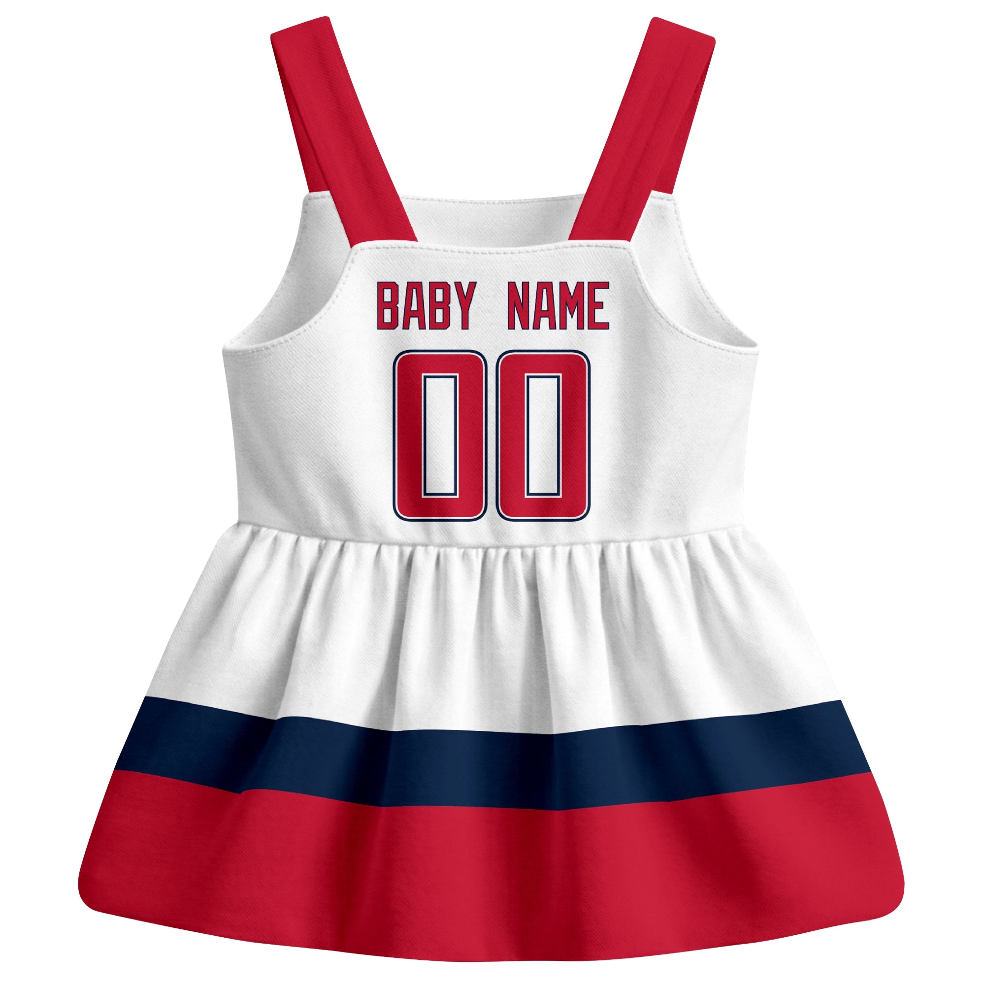 Washington hockey baby suspender dress White style back view with custom baby name and number