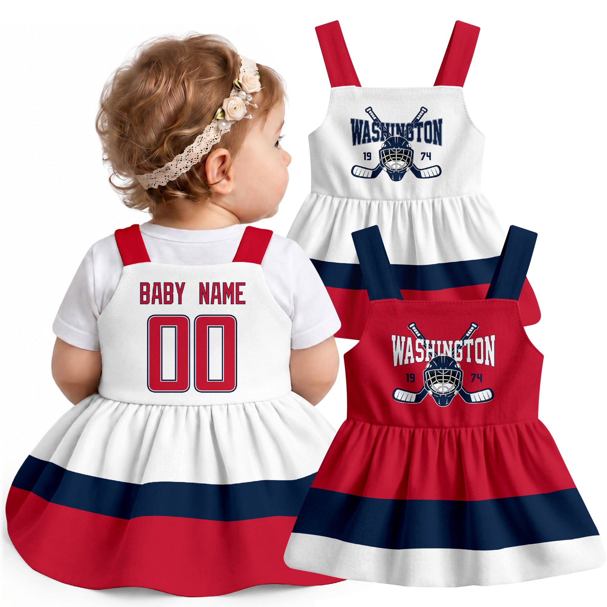 Personalized Washington hockey baby suspender dress shown on baby with Red and White city-color styles
