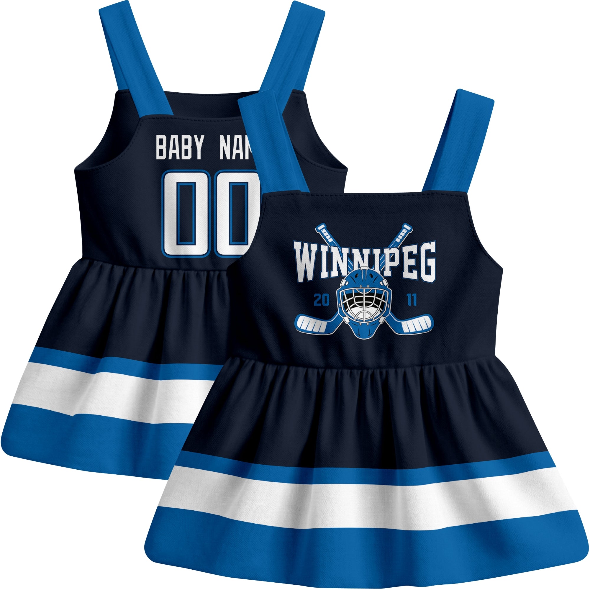 Winnipeg hockey baby suspender dress Navy style front and back view