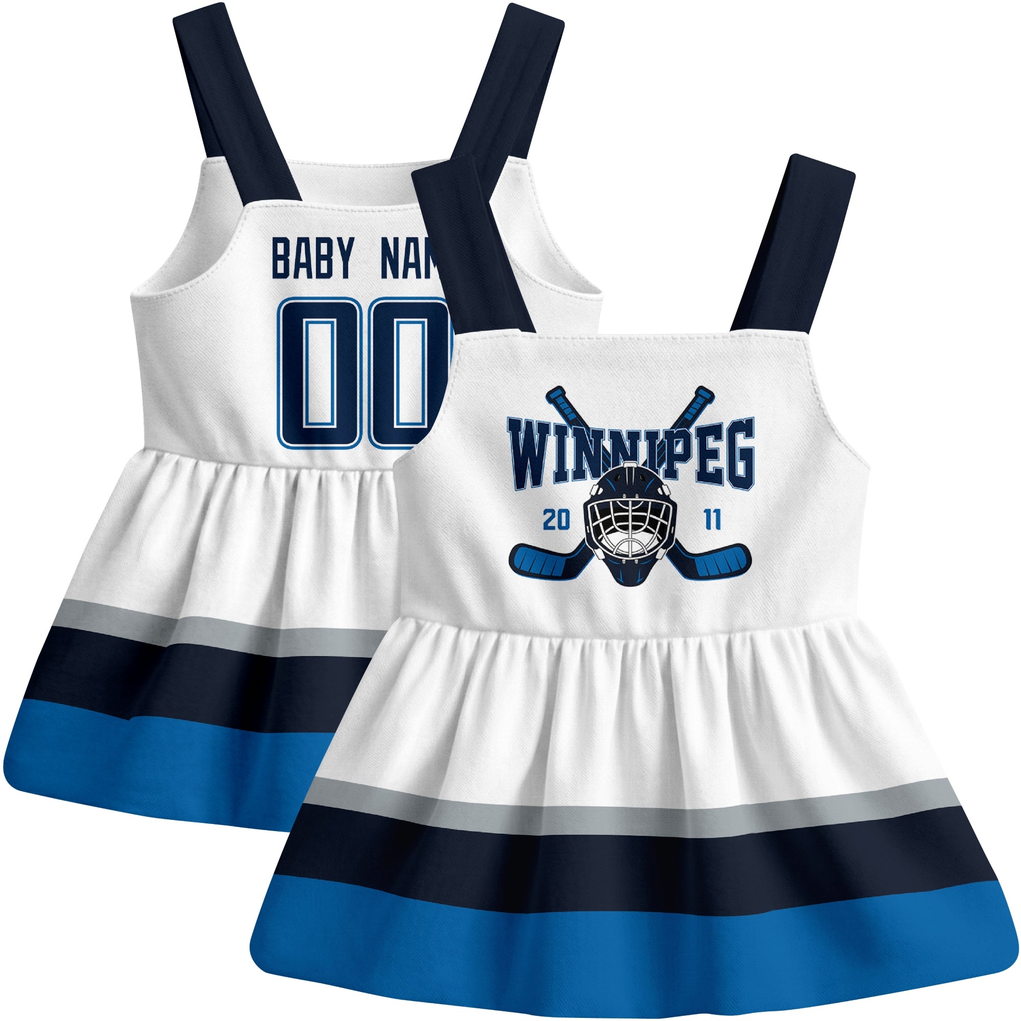 Winnipeg hockey baby suspender dress White style front and back view
