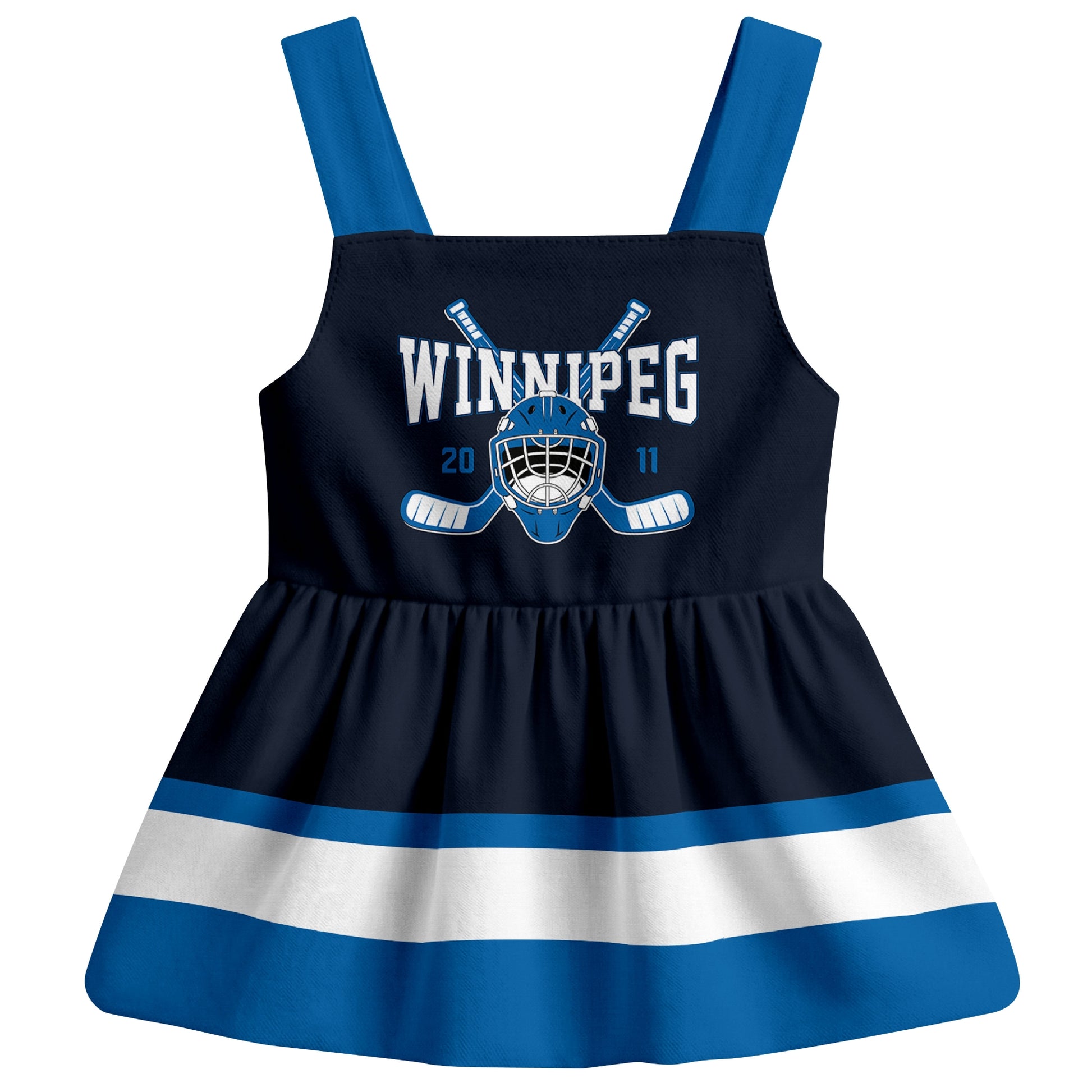 Winnipeg hockey baby suspender dress Navy style front view