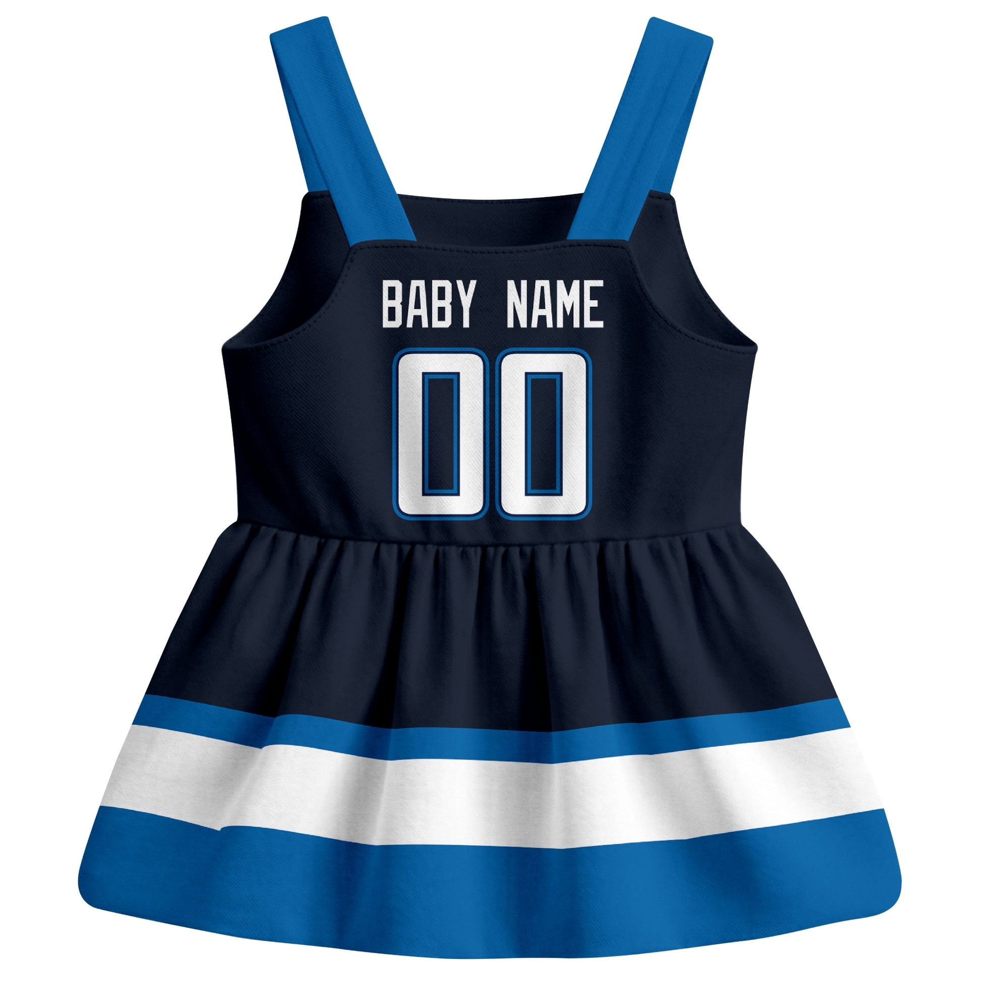 Winnipeg hockey baby suspender dress Navy style back view with custom baby name and number