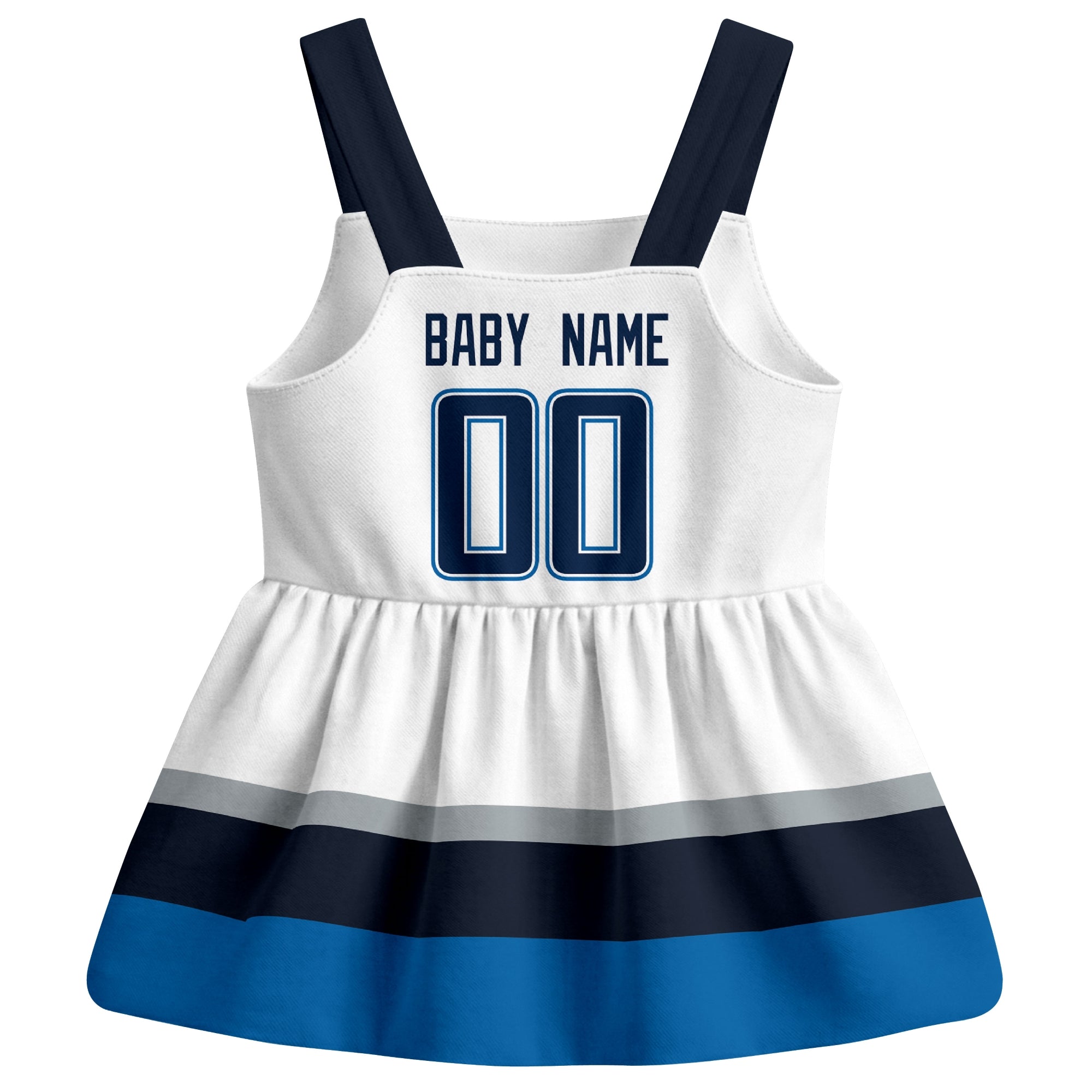 Winnipeg hockey baby suspender dress White style back view with custom baby name and number