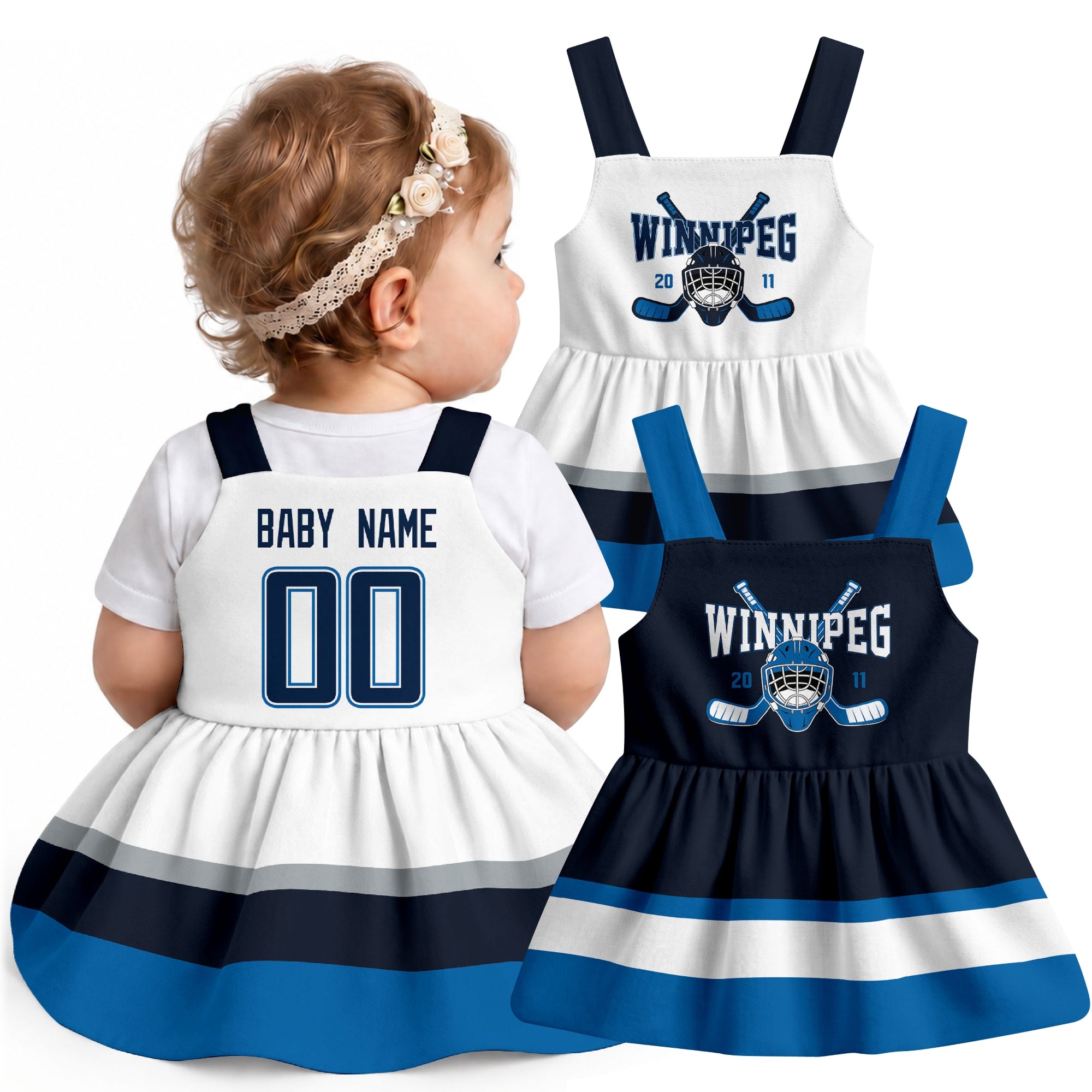 Personalized Winnipeg hockey baby suspender dress shown on baby with Navy and White city-color styles