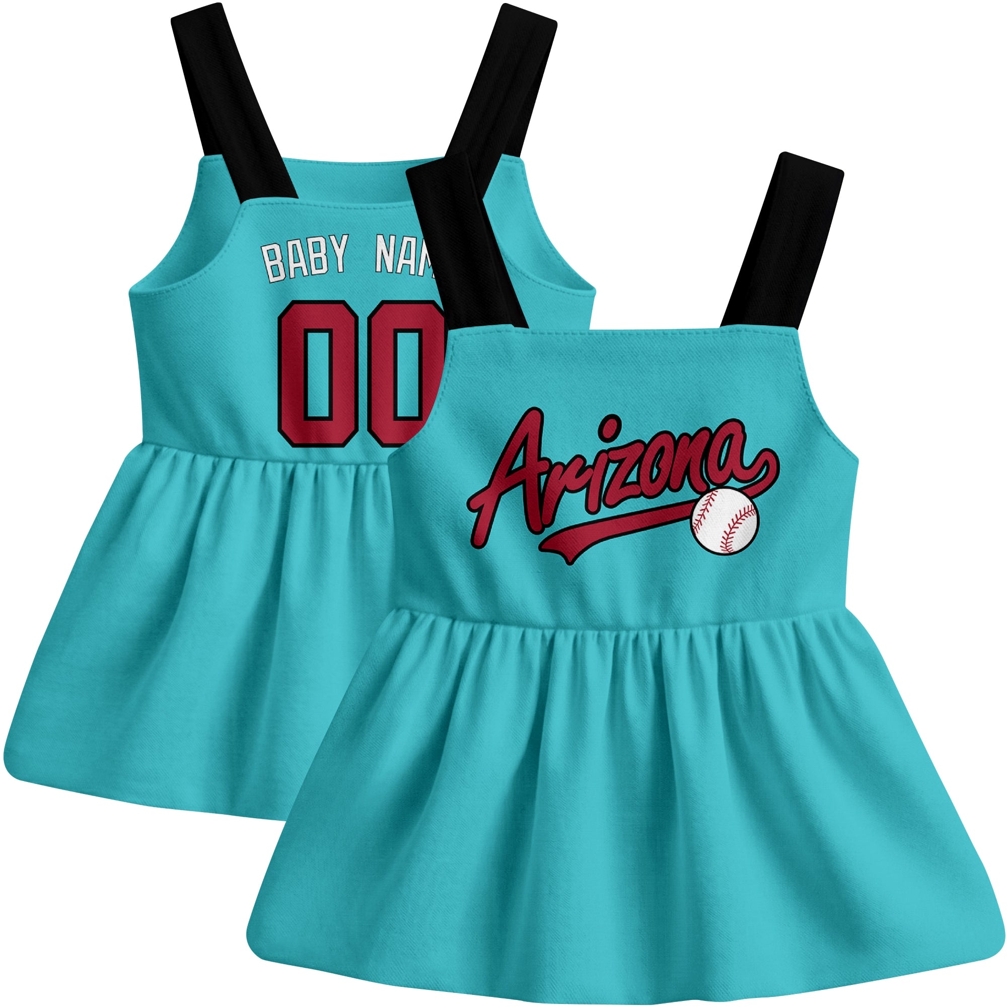 Teal Arizona-inspired baseball baby strap dress front and back view with custom name and number