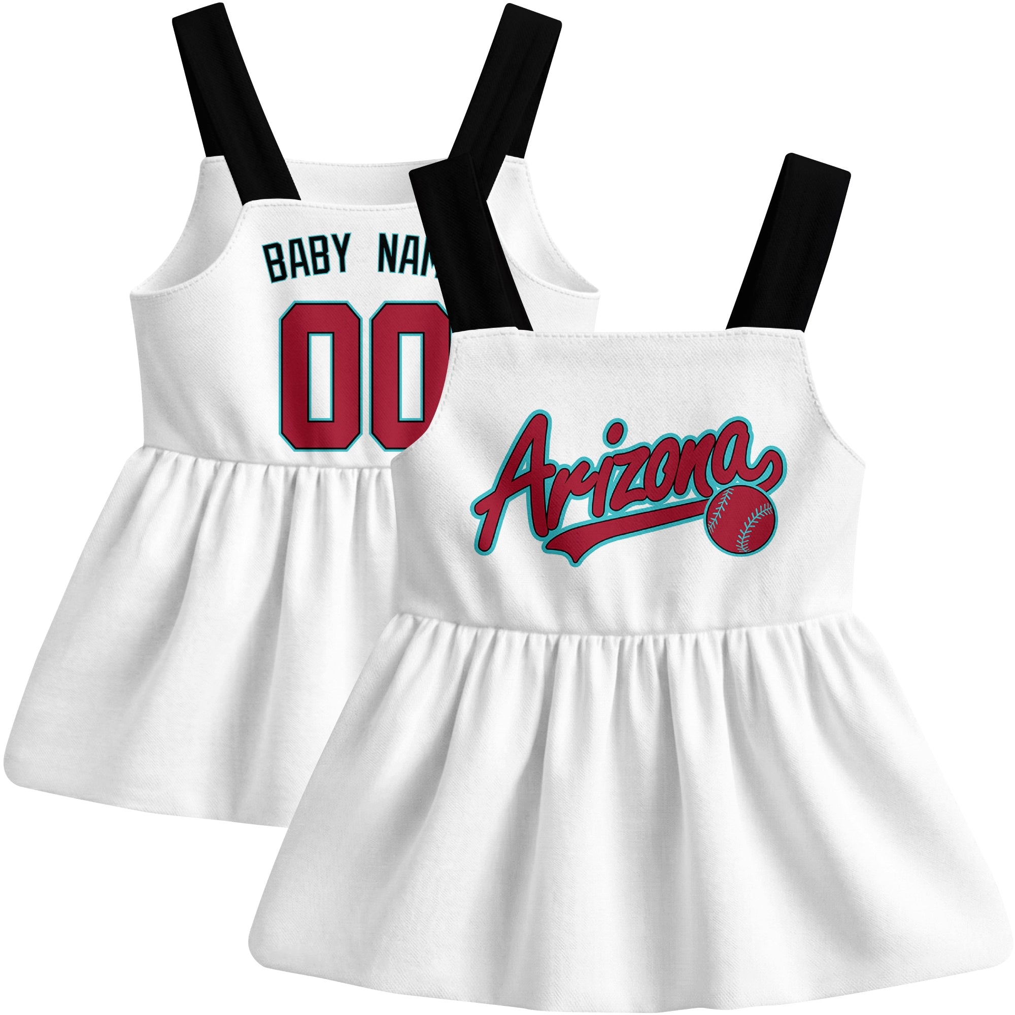 White Arizona-inspired baseball baby strap dress front and back view with custom name and number