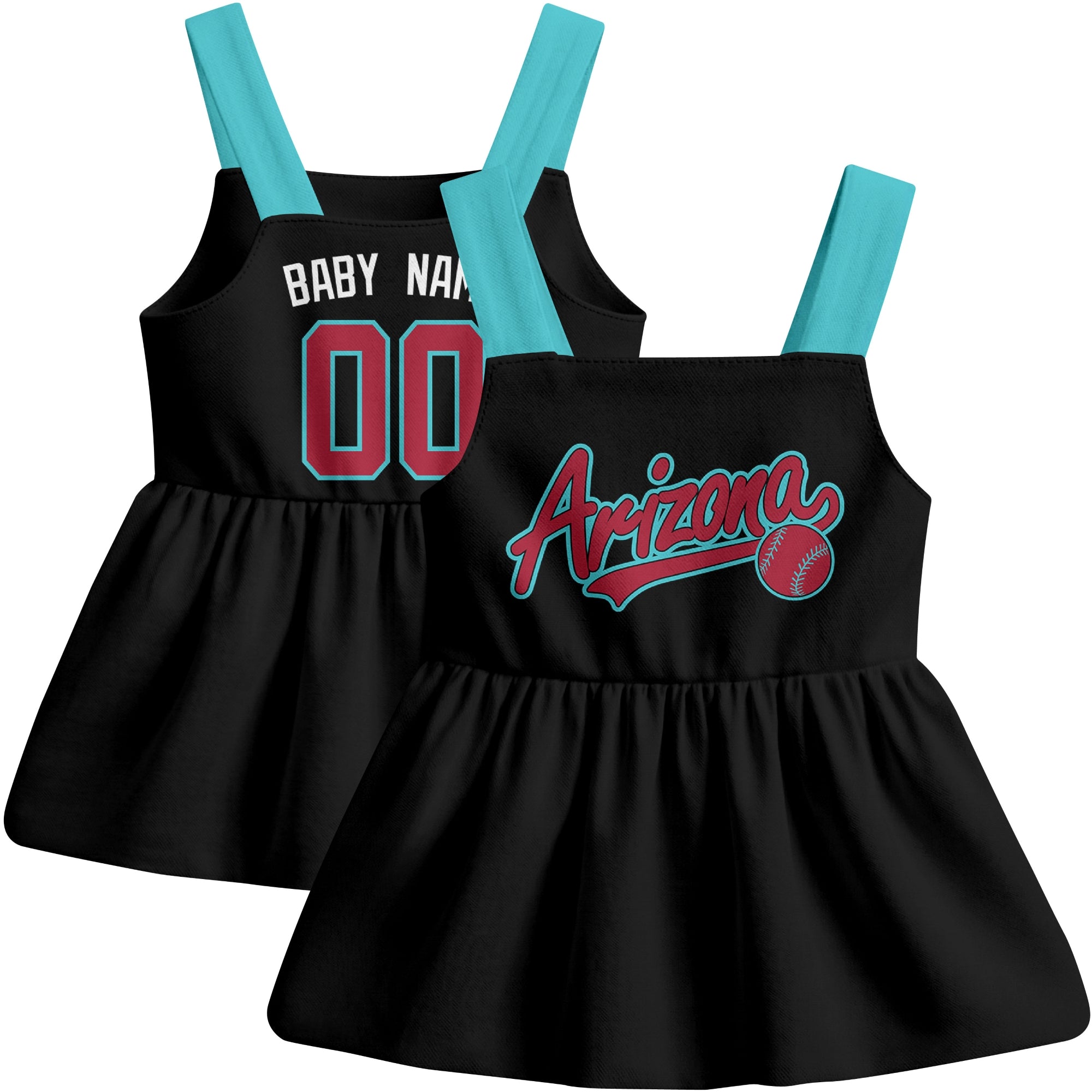 Black Arizona-inspired baseball baby strap dress front and back view with custom name and number