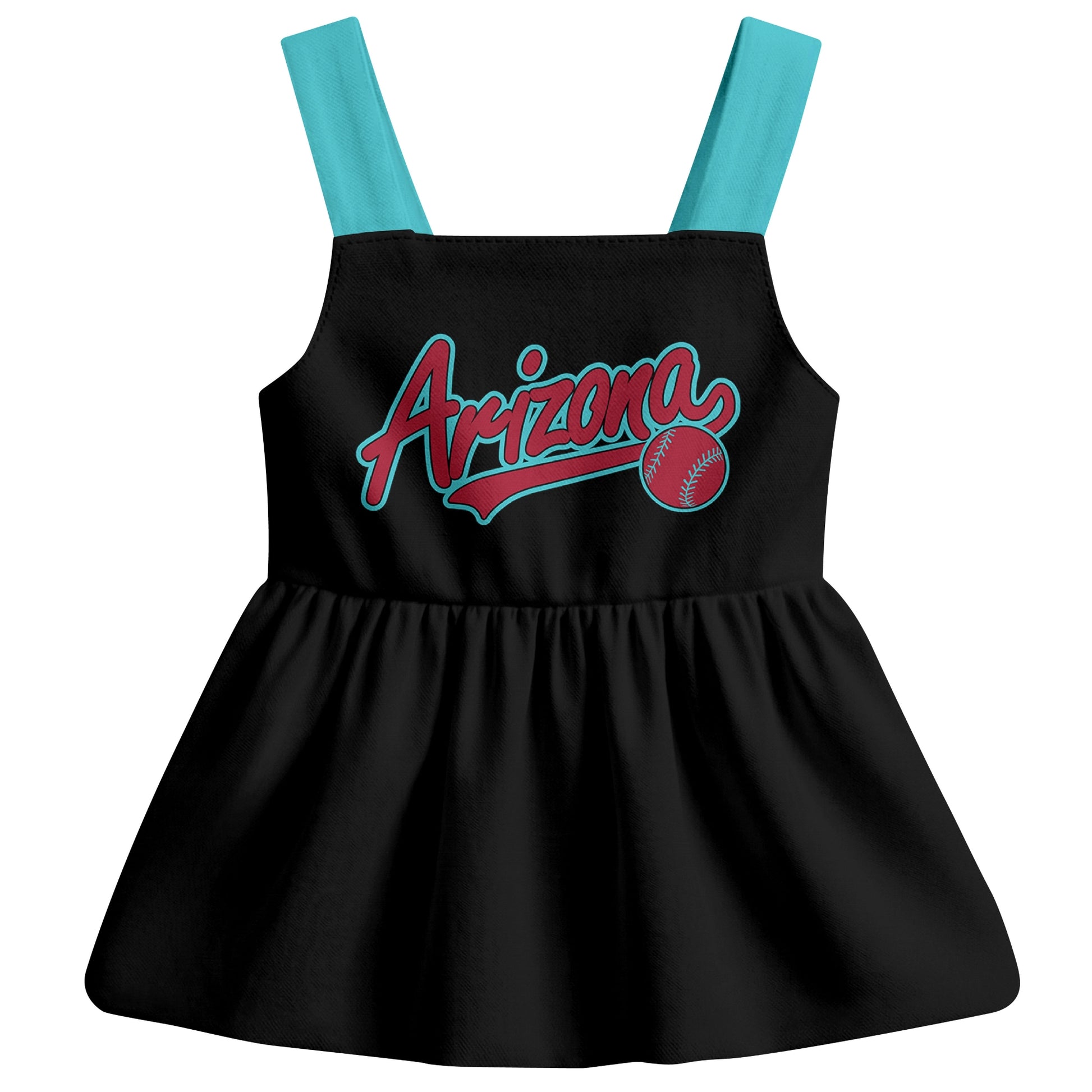 Black Arizona-inspired baseball baby strap dress front view with bold baseball graphic
