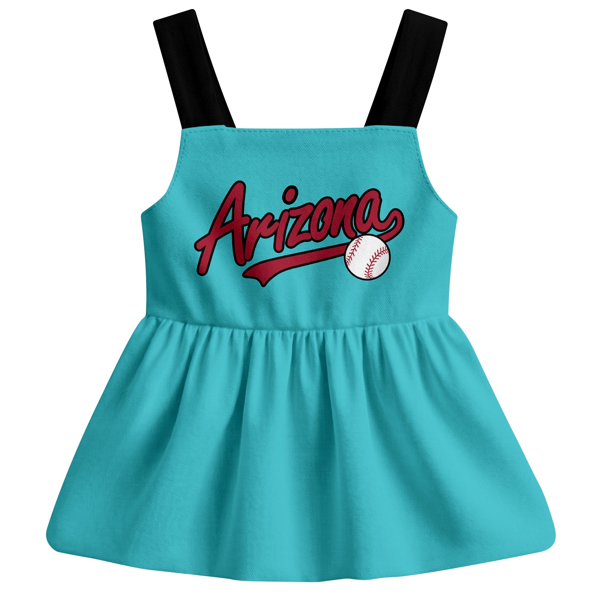 Teal Arizona-inspired baseball baby strap dress front view with bold baseball graphic