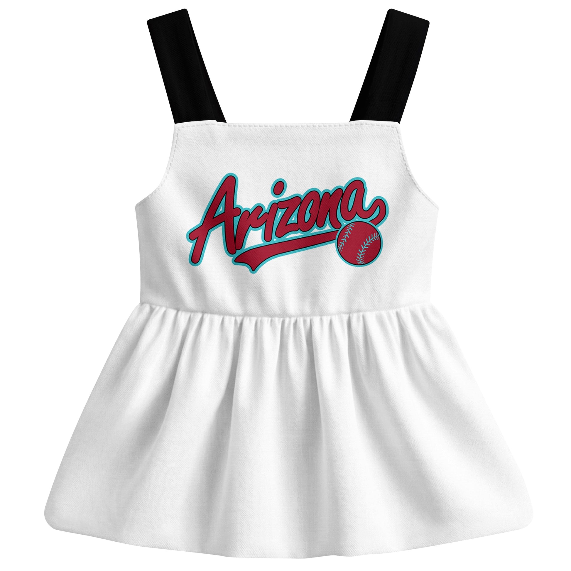 White Arizona-inspired baseball baby strap dress front view with bold baseball graphic