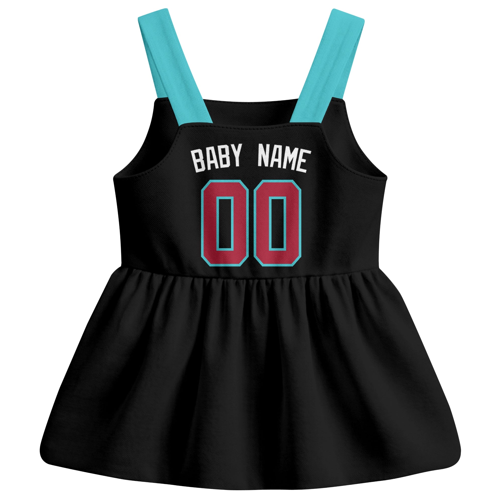 Black Arizona-inspired baseball baby strap dress back view with custom baby name and number