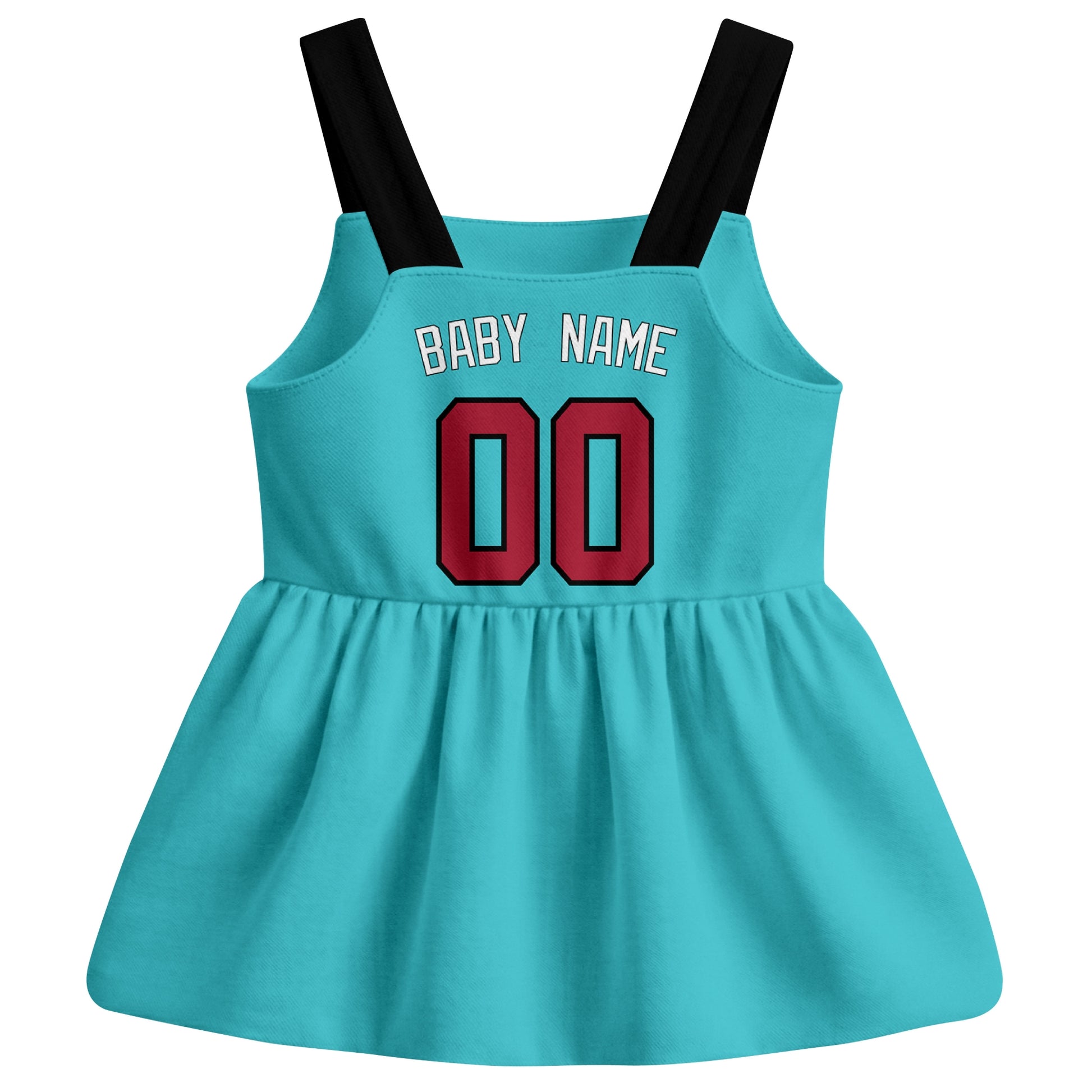 Teal Arizona-inspired baseball baby strap dress back view with custom baby name and number