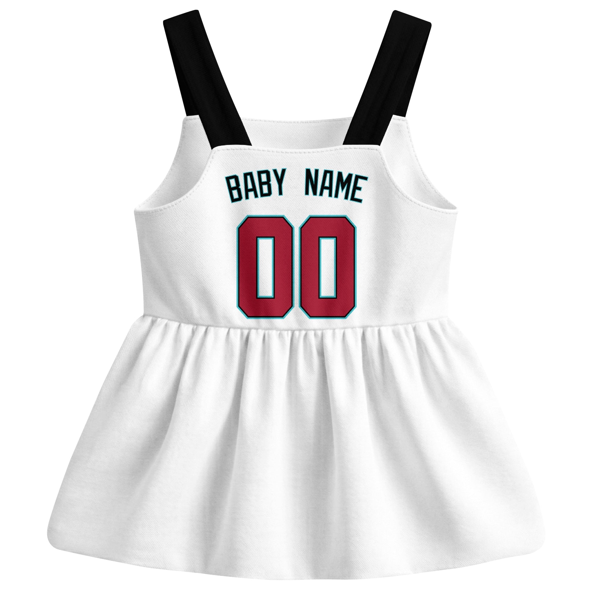 White Arizona-inspired baseball baby strap dress back view with custom baby name and number