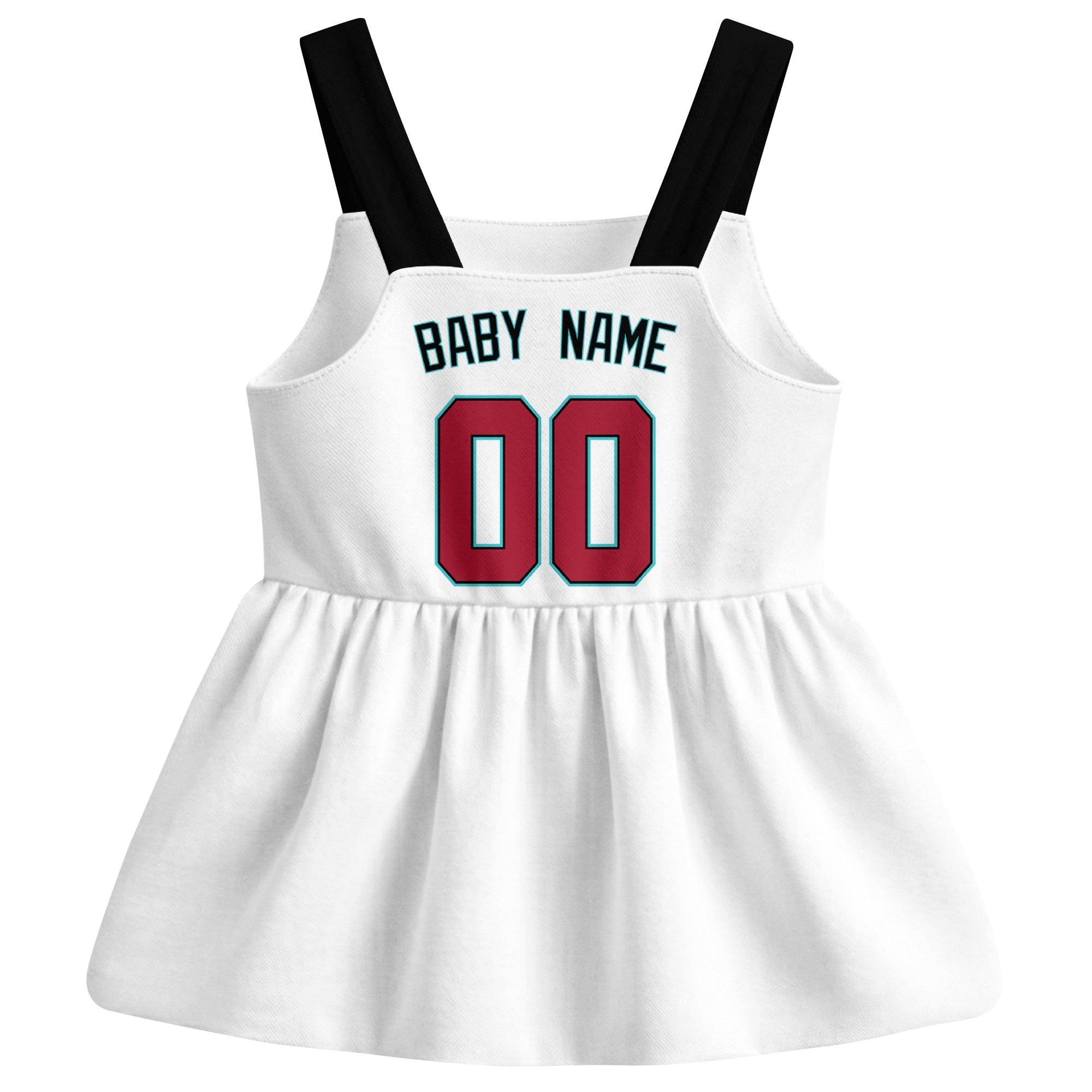 White Arizona-inspired baseball baby strap dress back view with custom baby name and number