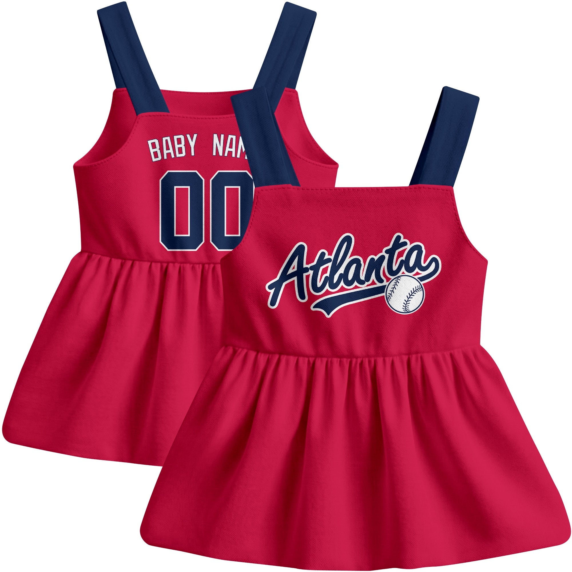 Red Atlanta-inspired baseball baby strap dress front and back view with custom name and number