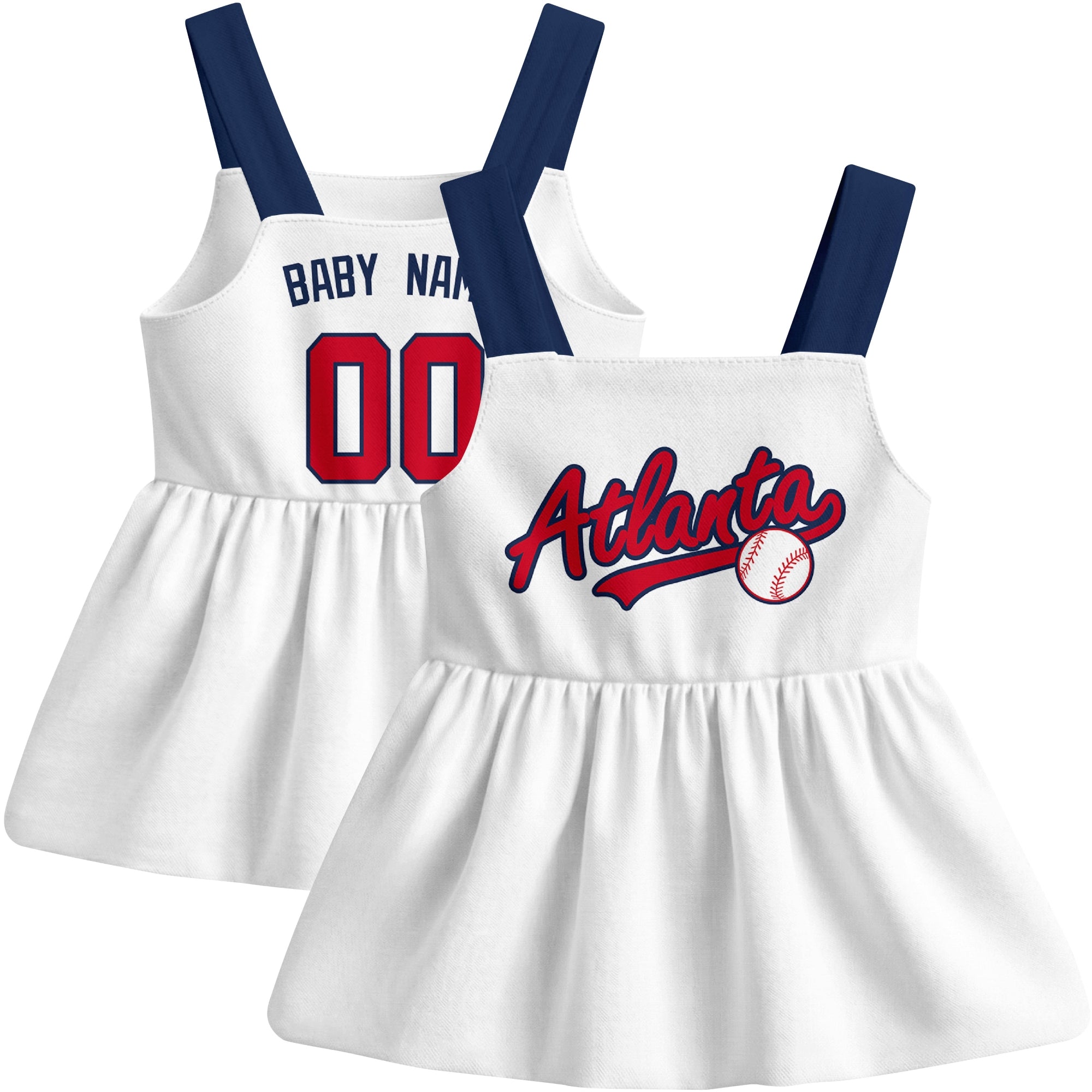 White Atlanta-inspired baseball baby strap dress front and back view with custom name and number