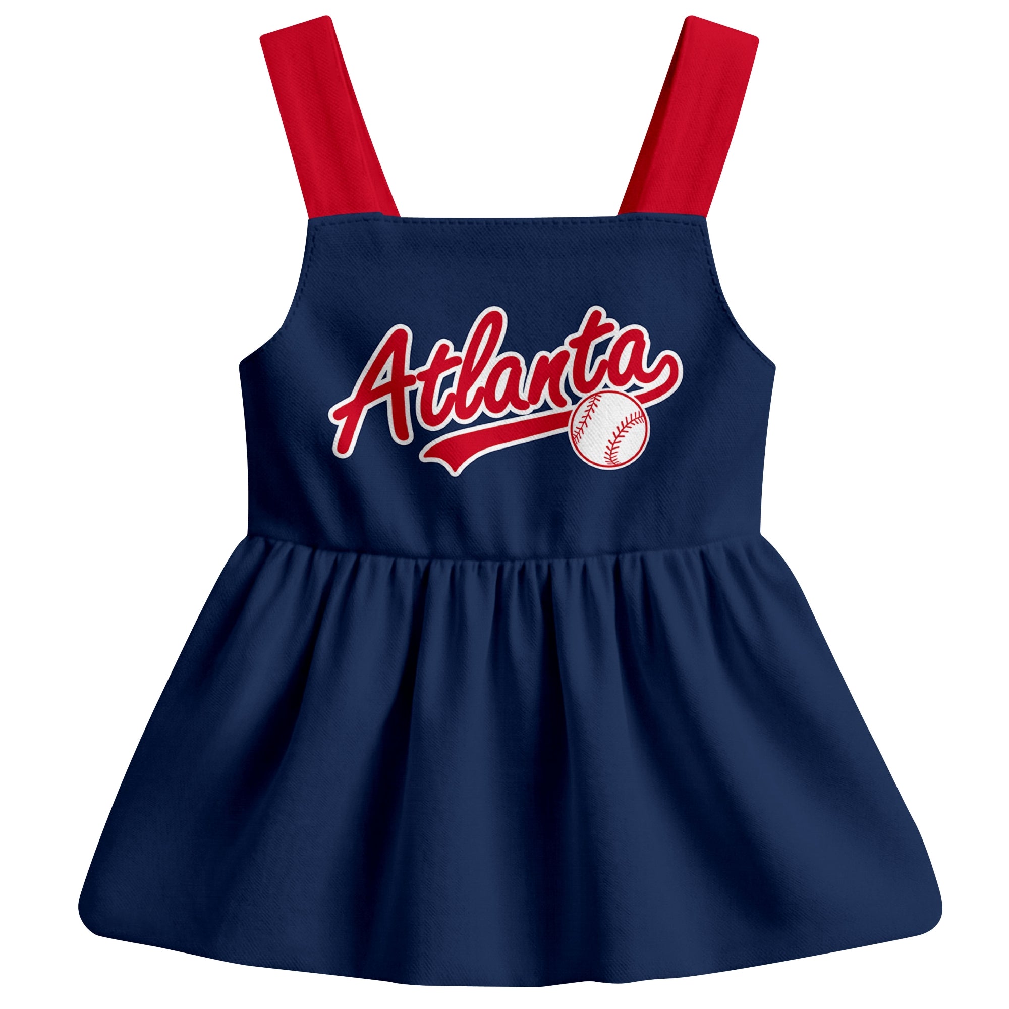 Navy Atlanta-inspired baseball baby strap dress front view with bold baseball graphic