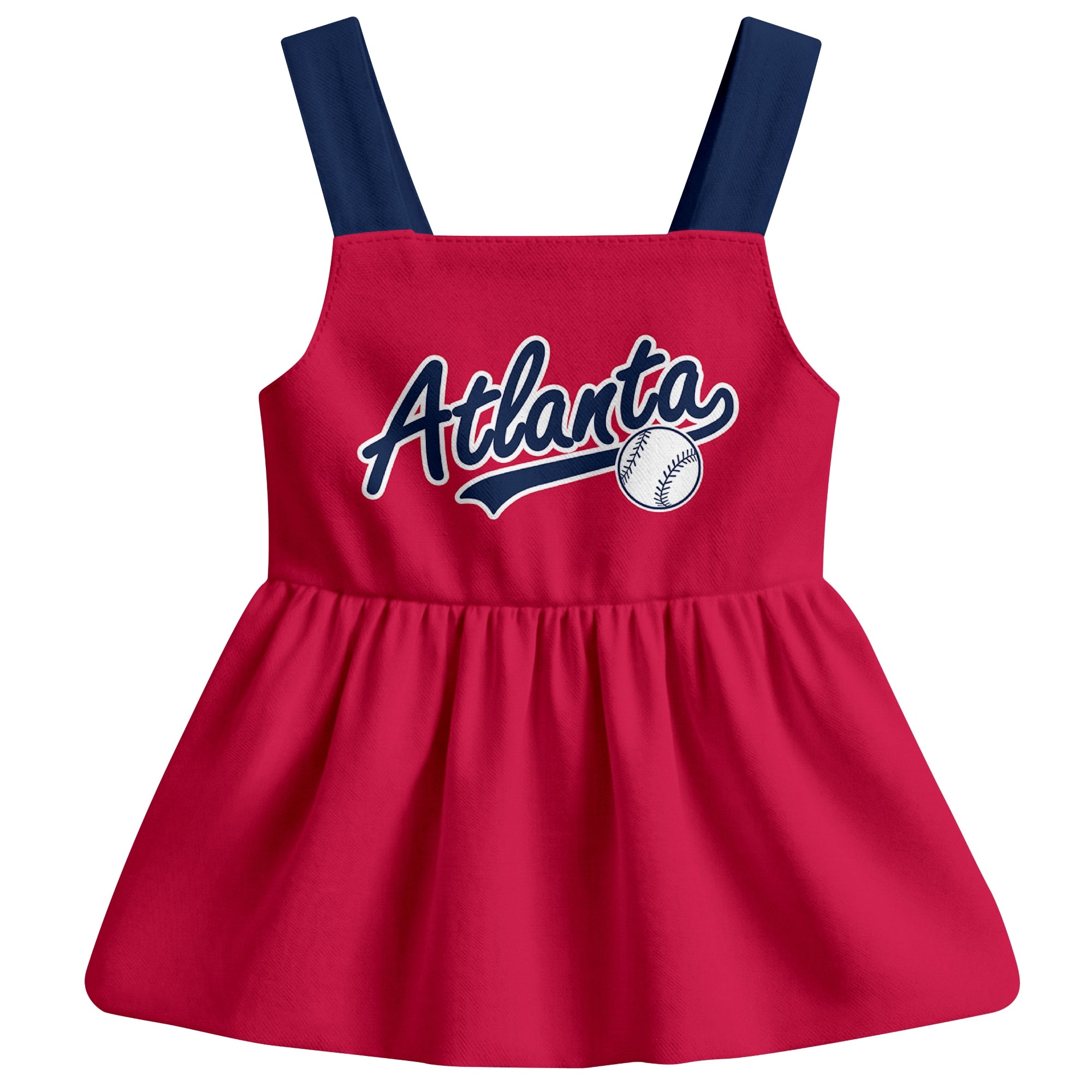 Red Atlanta-inspired baseball baby strap dress front view with bold baseball graphic