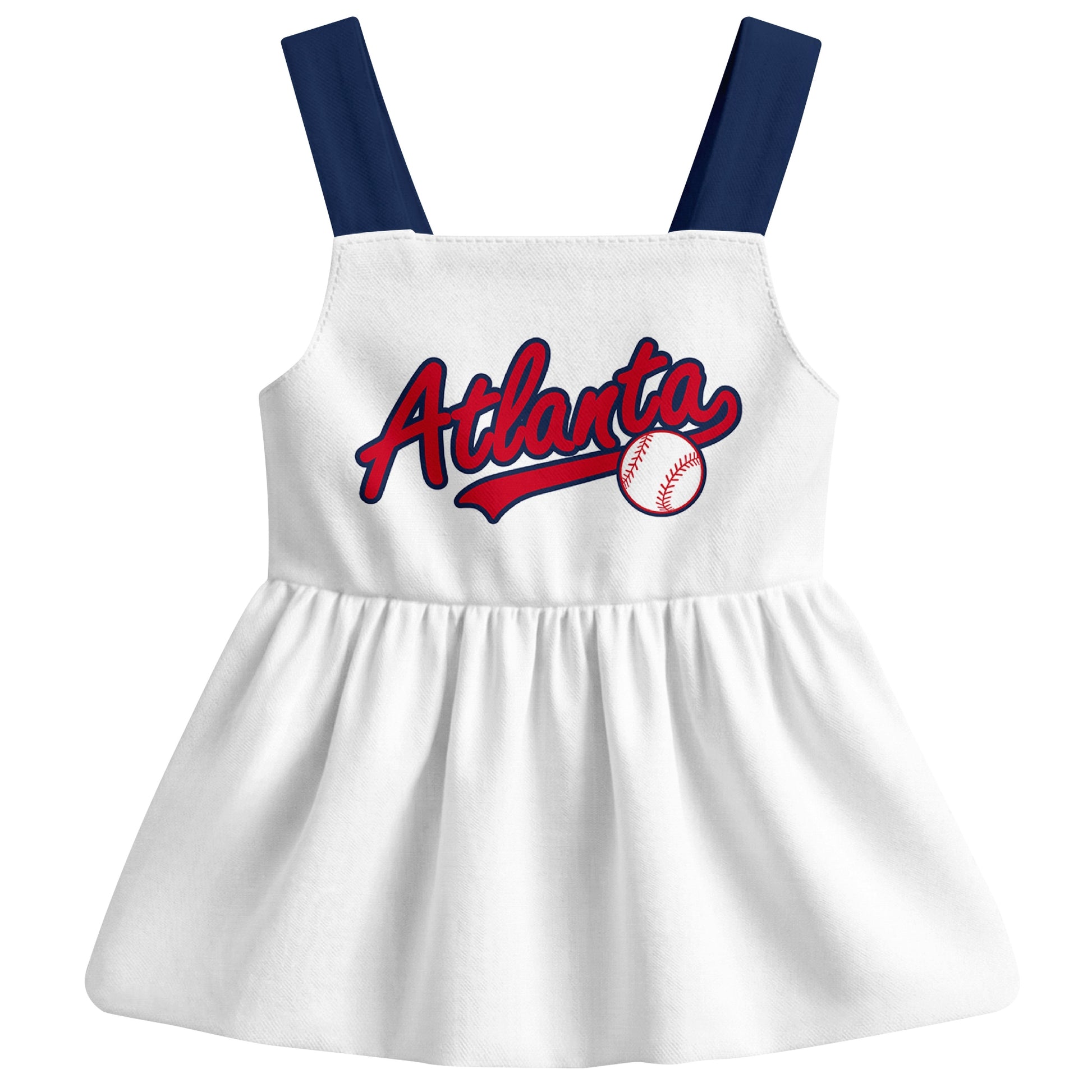 White Atlanta-inspired baseball baby strap dress front view with bold baseball graphic