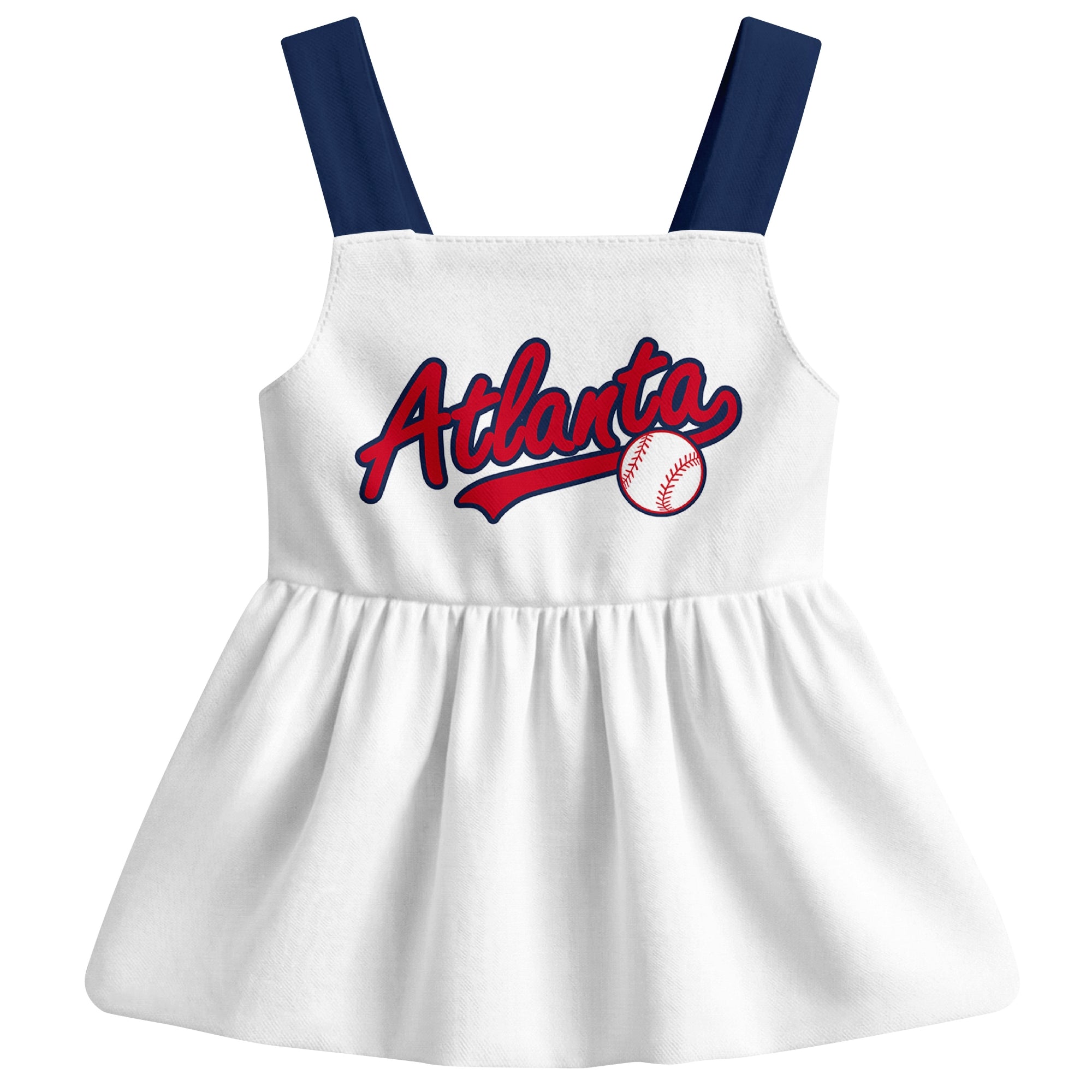 White Atlanta-inspired baseball baby strap dress front view with bold baseball graphic