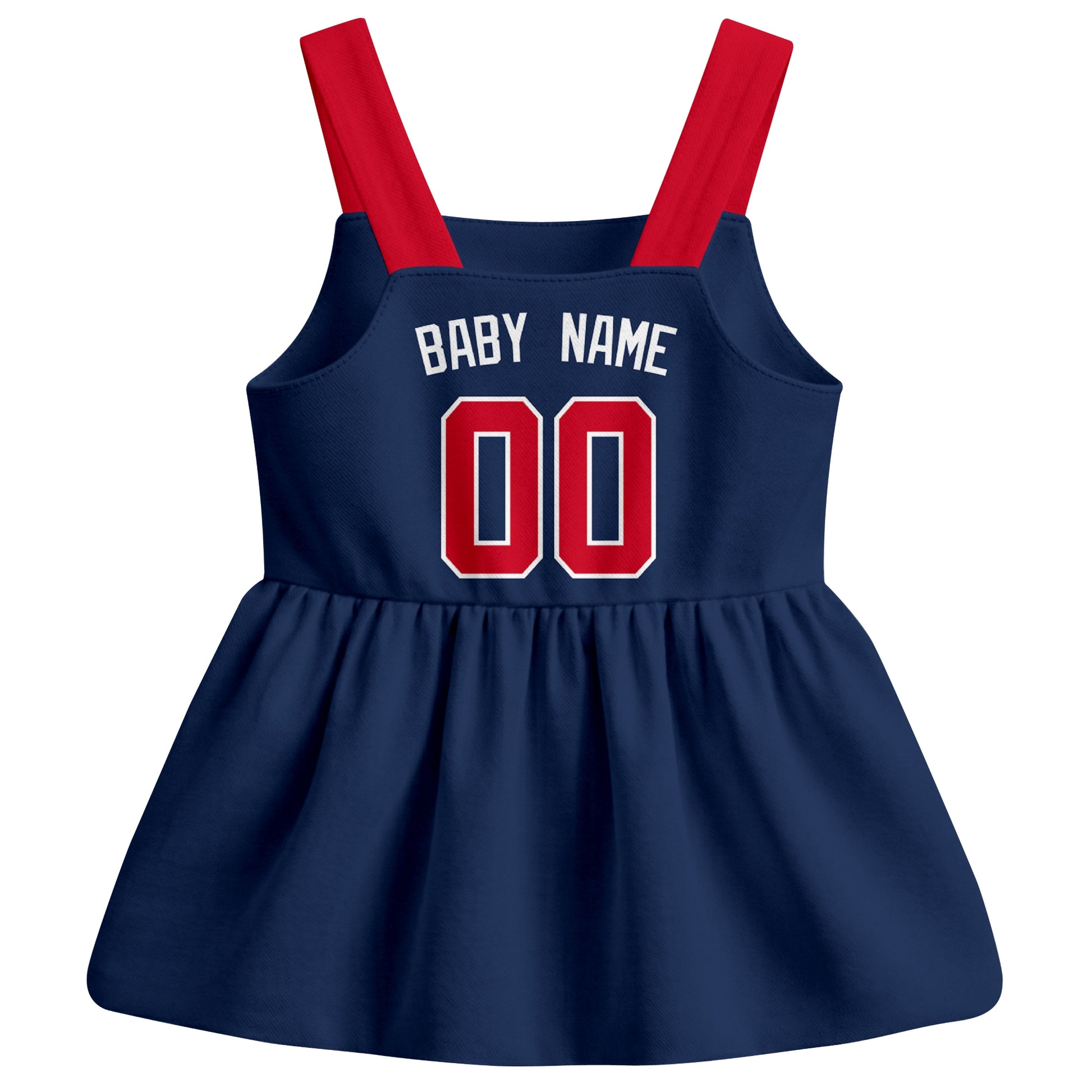 Navy Atlanta-inspired baseball baby strap dress back view with custom baby name and number